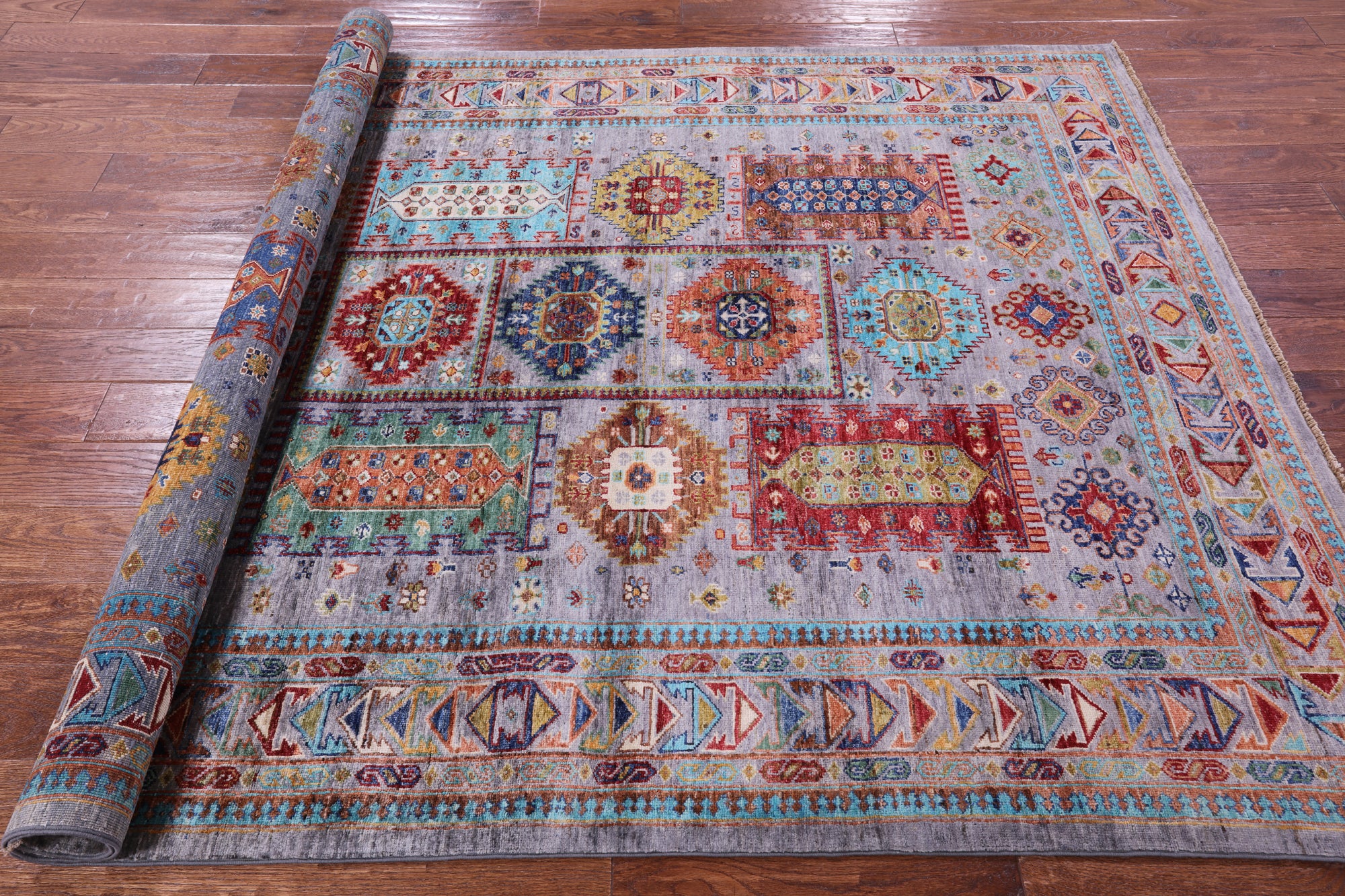 Grey Turkmen Ersari Hand Knotted Wool Rug - 5' 10" X 7' 9" - Golden Nile