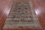 Green Peshawar Hand Knotted Wool Rug - 5' 7" X 8' 1" - Golden Nile