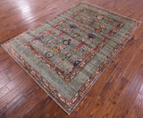 Green Peshawar Hand Knotted Wool Rug - 5' 7" X 8' 1" - Golden Nile