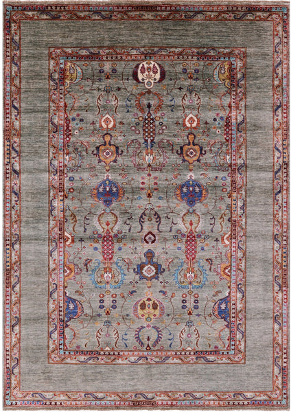 Green Peshawar Hand Knotted Wool Rug - 5' 7" X 8' 1" - Golden Nile