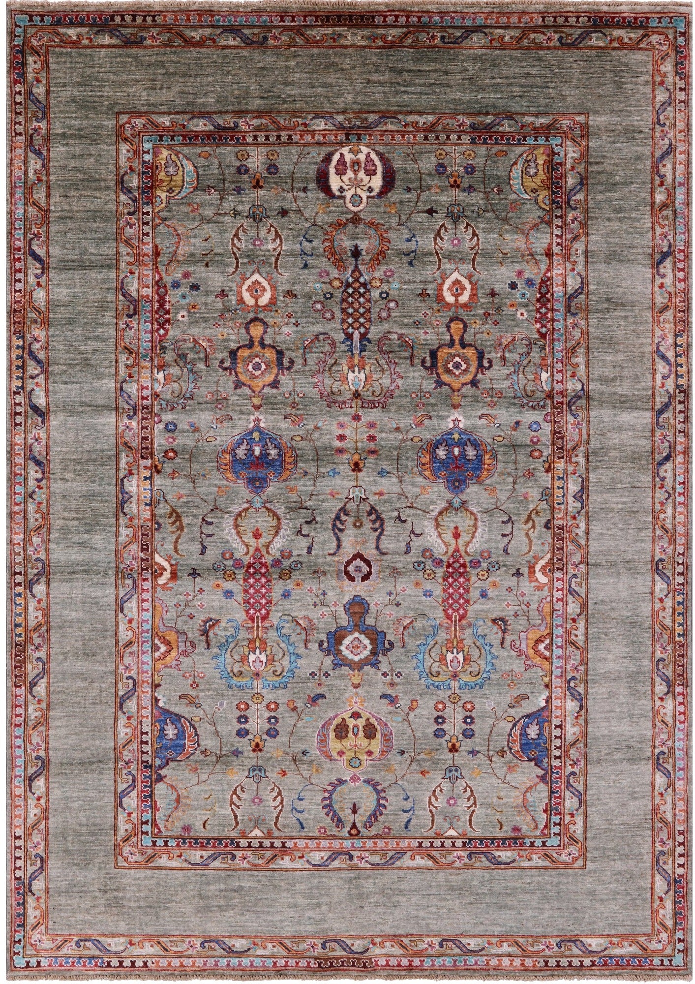 Green Peshawar Hand Knotted Wool Rug - 5' 7" X 8' 1" - Golden Nile