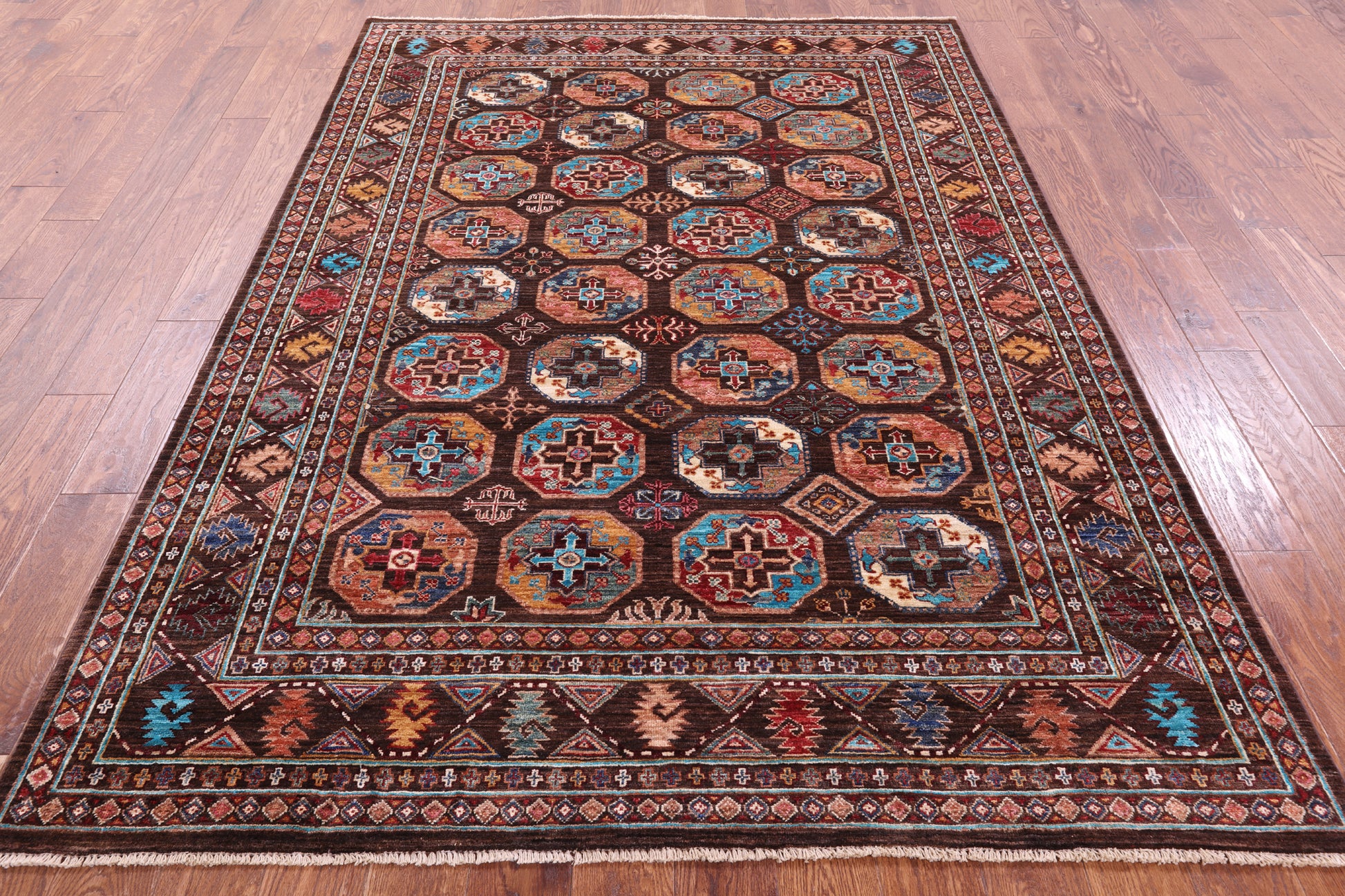 Brown Turkmen Ersari Hand Knotted Wool Rug - 5' 10" X 8' 1" - Golden Nile
