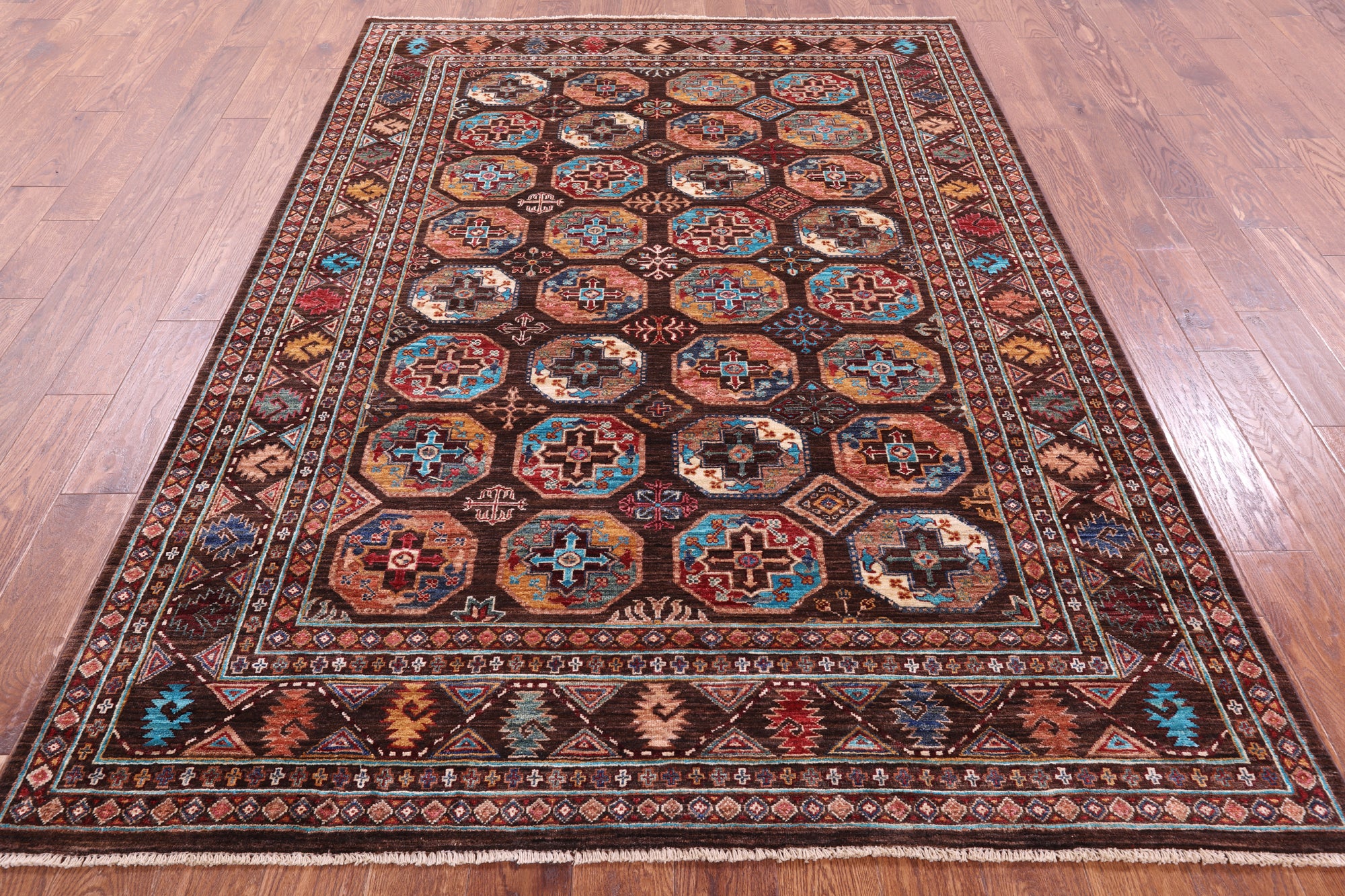 Brown Turkmen Ersari Hand Knotted Wool Rug - 5' 10" X 8' 1" - Golden Nile