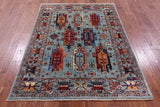Blue Persian Fine Serapi Hand Knotted Wool Rug - 4' 11" X 6' 6" - Golden Nile