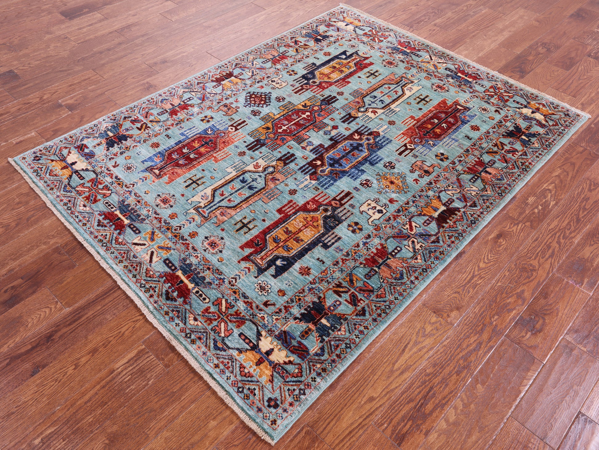 Blue Persian Fine Serapi Hand Knotted Wool Rug - 4' 11" X 6' 6" - Golden Nile