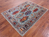 Blue Persian Fine Serapi Hand Knotted Wool Rug - 4' 11" X 6' 6" - Golden Nile
