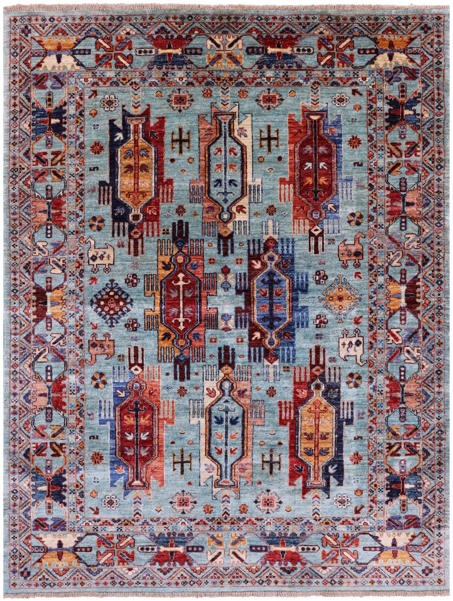 Blue Persian Fine Serapi Hand Knotted Wool Rug - 4' 11" X 6' 6" - Golden Nile