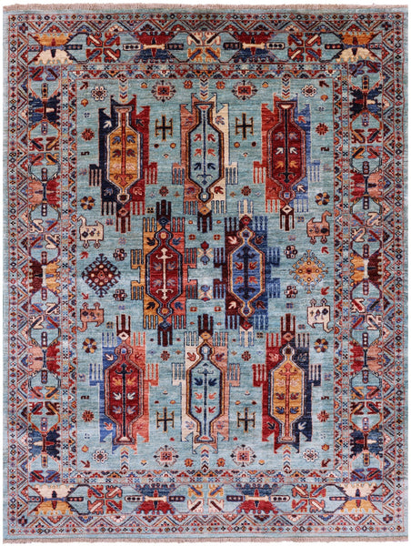 Blue Persian Fine Serapi Hand Knotted Wool Rug - 4' 11" X 6' 6" - Golden Nile