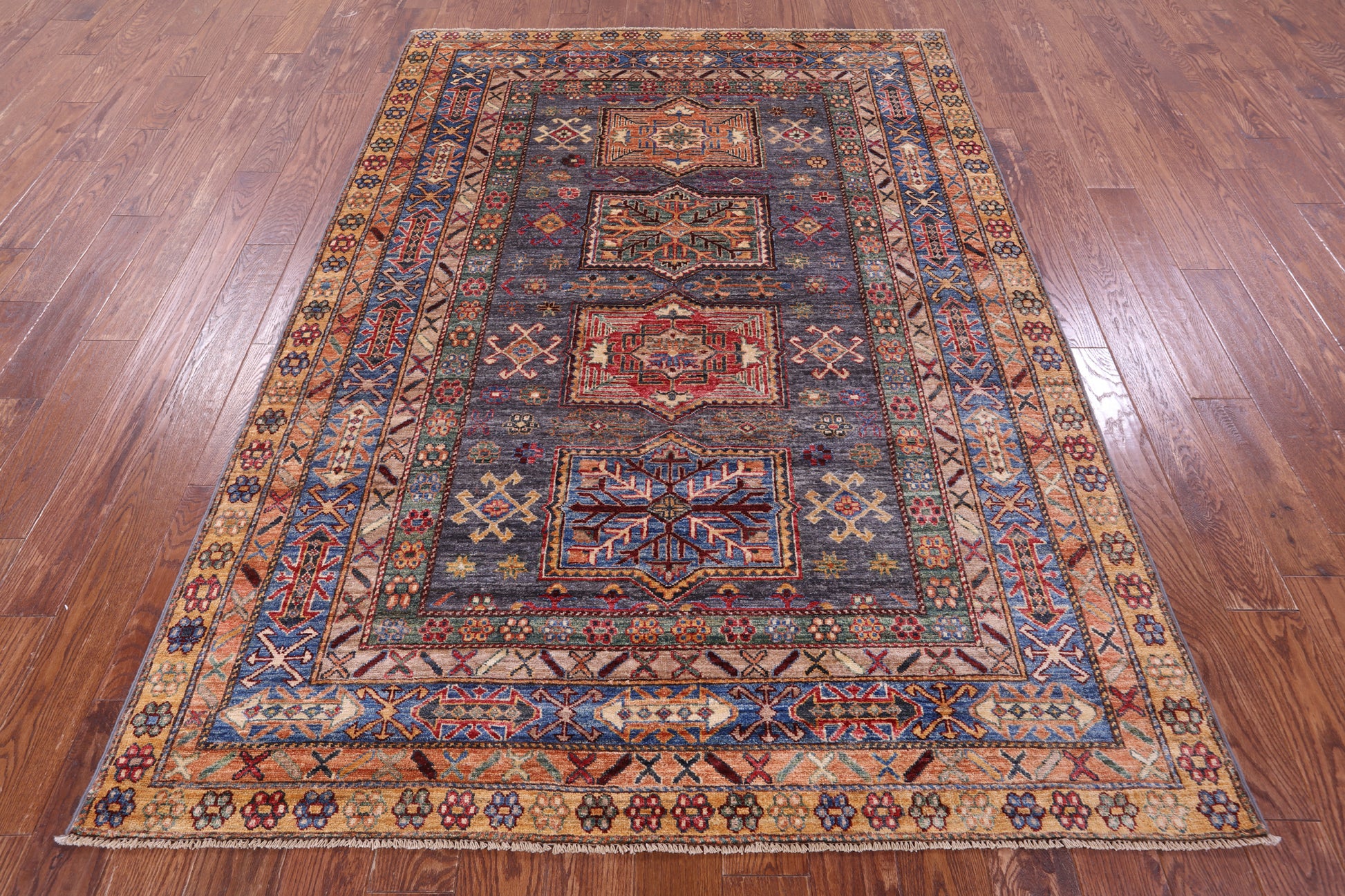 Grey Super Kazak Hand Knotted Wool Rug - 5' 9" X 8' 1" - Golden Nile