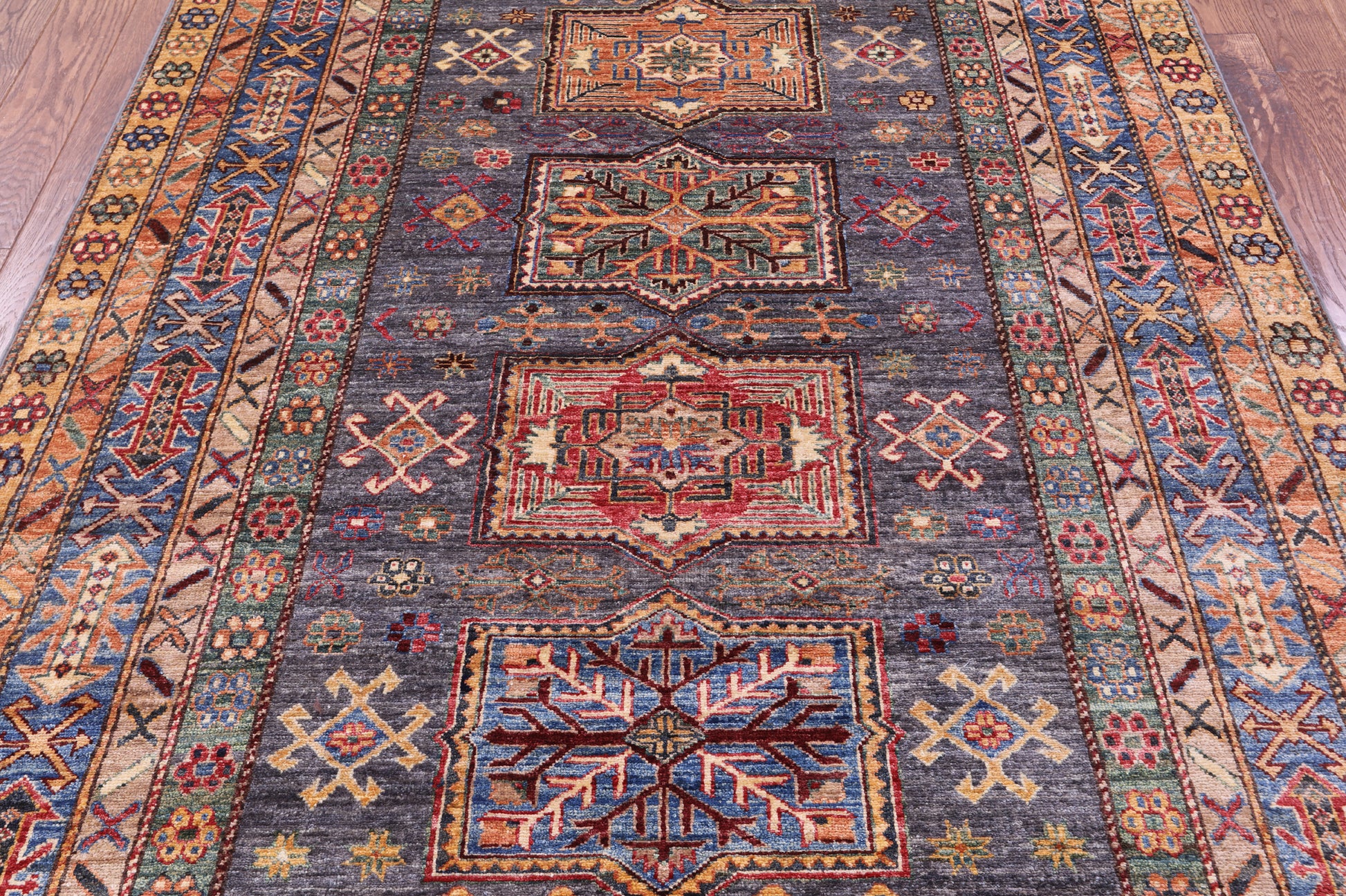 Grey Super Kazak Hand Knotted Wool Rug - 5' 9" X 8' 1" - Golden Nile