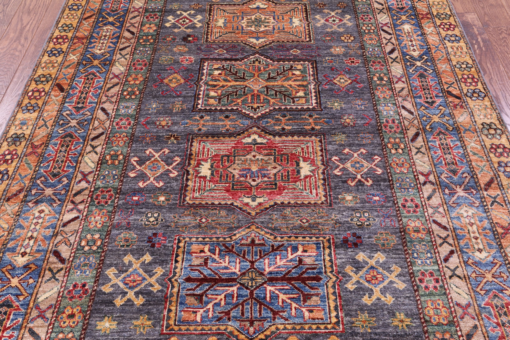 Grey Super Kazak Hand Knotted Wool Rug - 5' 9" X 8' 1" - Golden Nile