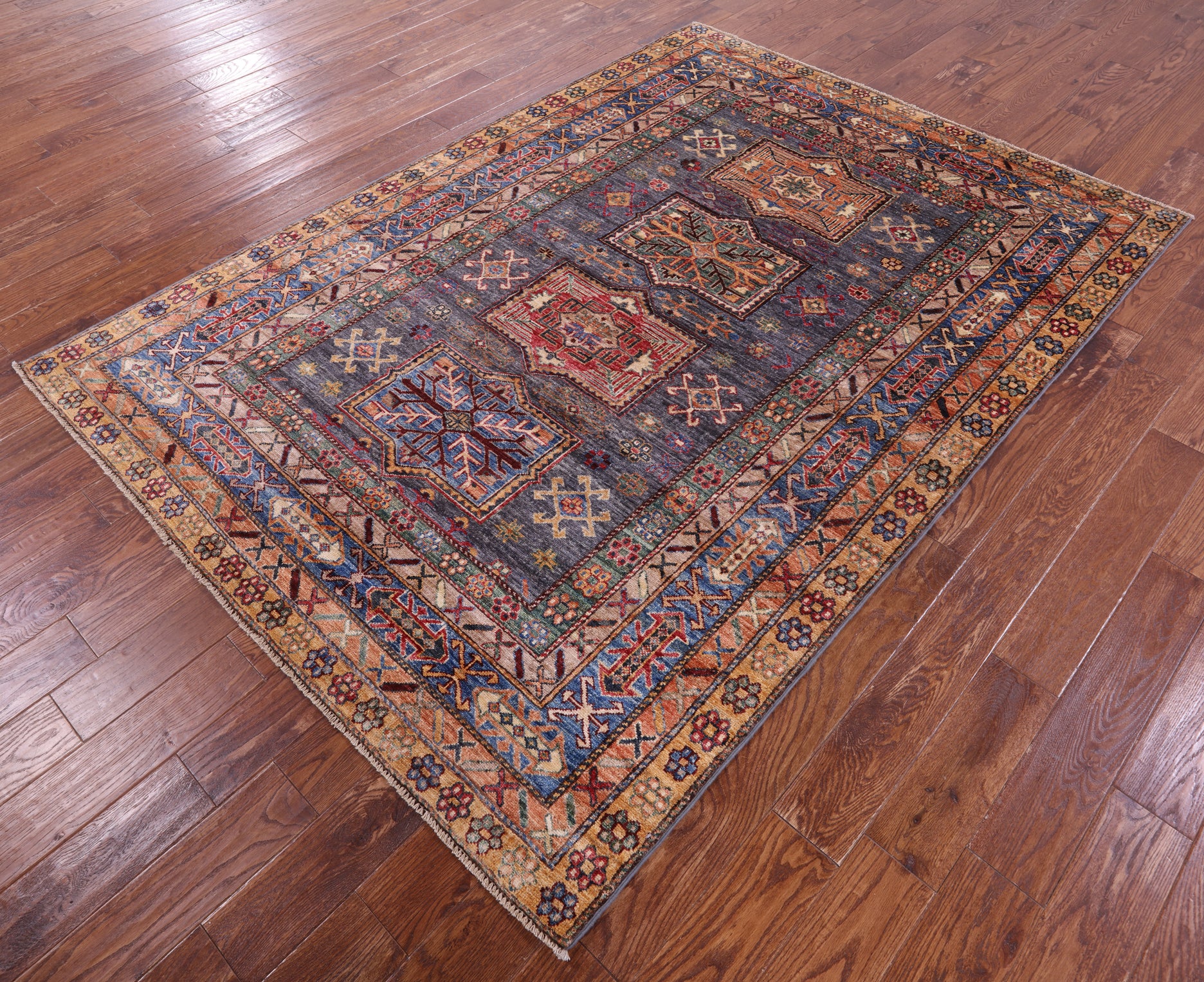 Grey Super Kazak Hand Knotted Wool Rug - 5' 9" X 8' 1" - Golden Nile
