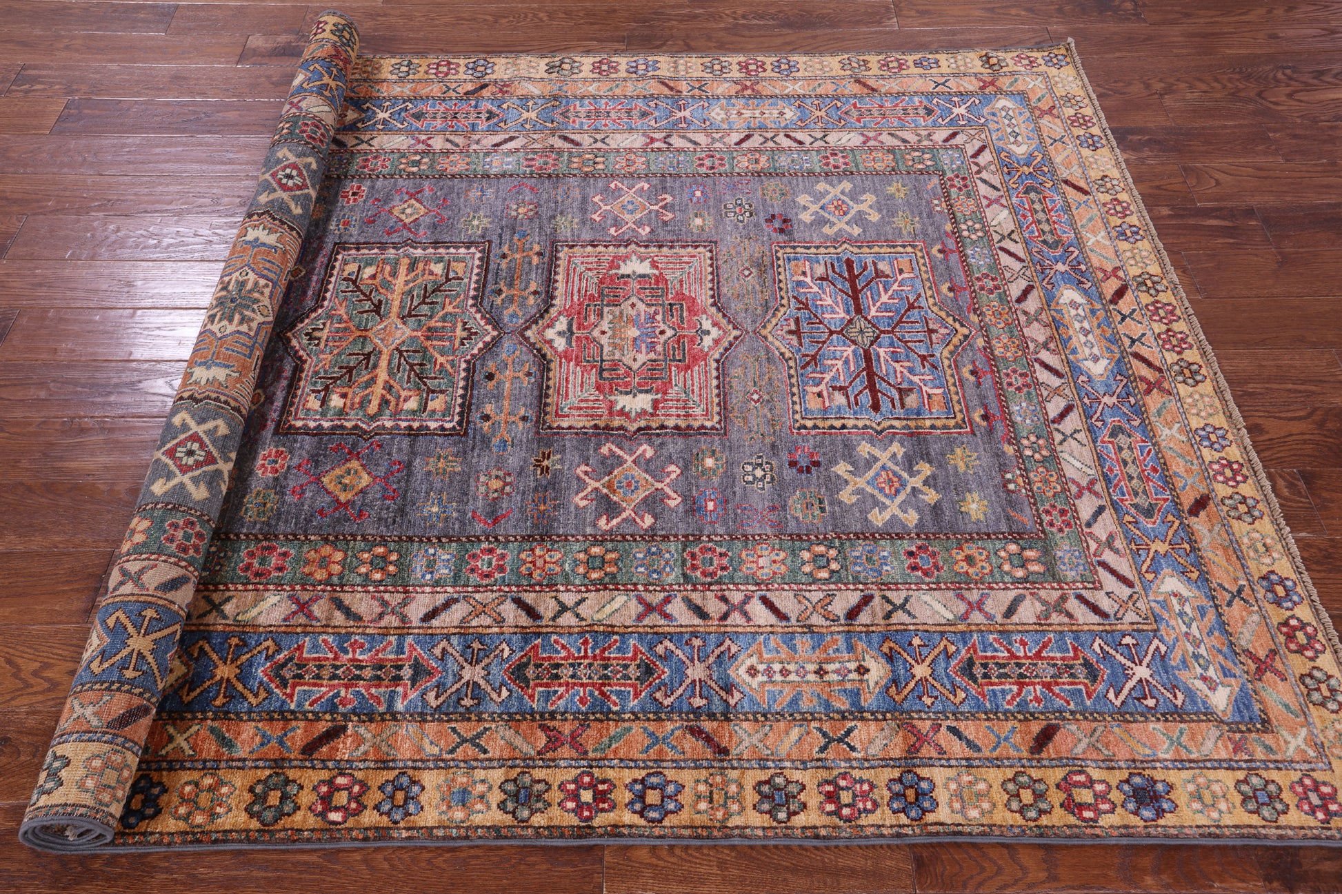 Grey Super Kazak Hand Knotted Wool Rug - 5' 9" X 8' 1" - Golden Nile