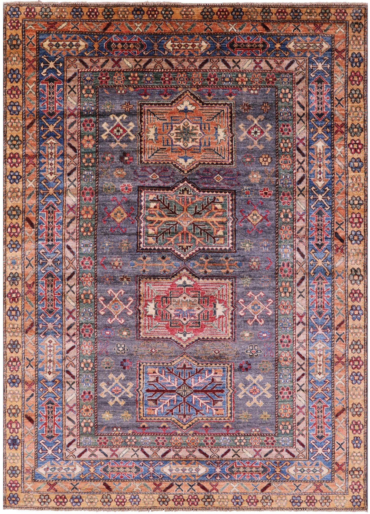 Grey Super Kazak Hand Knotted Wool Rug - 5' 9" X 8' 1" - Golden Nile