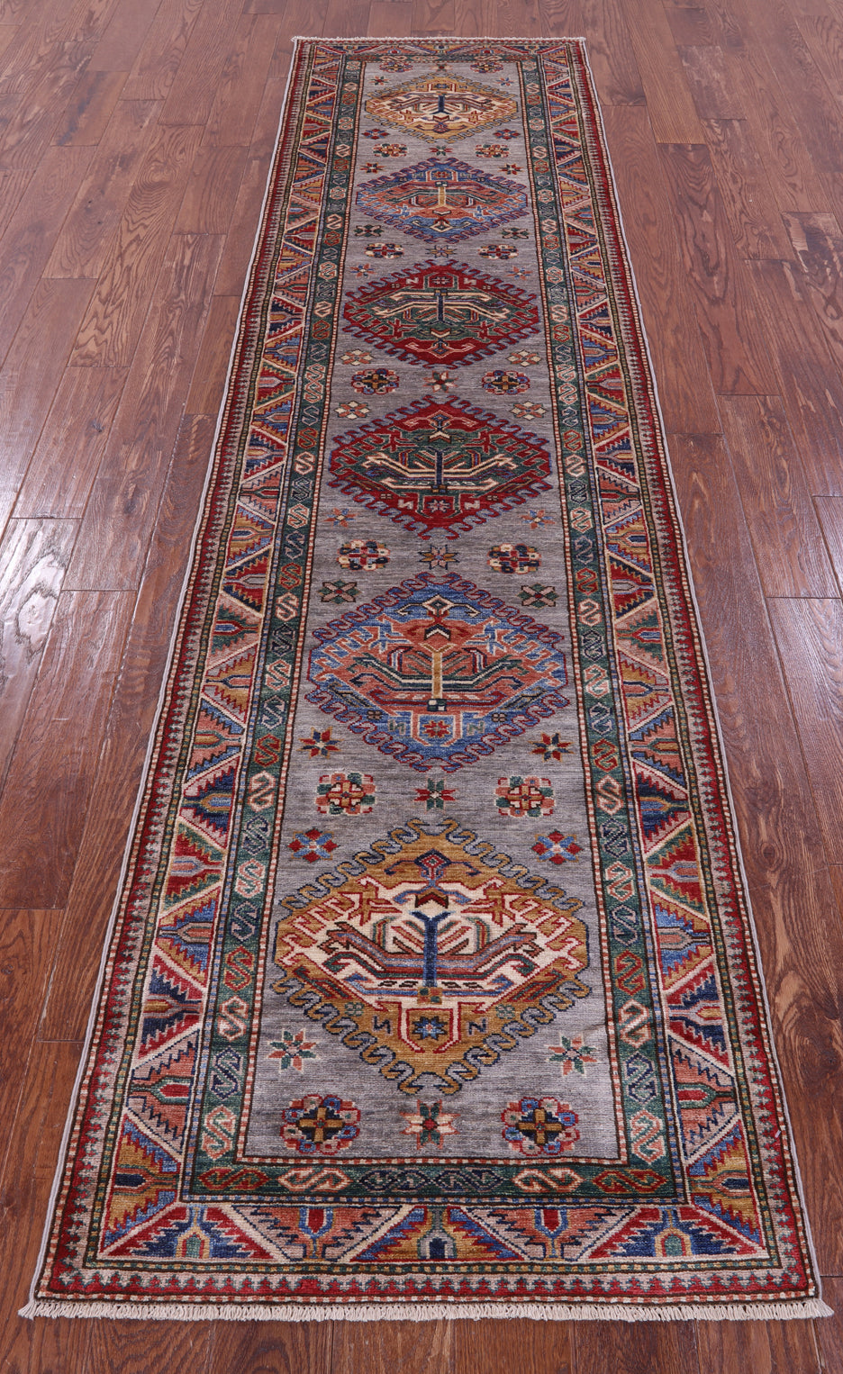 Super Kazak Hand Knotted Wool Runner Rug - 2' 8" X 10' 6" - Golden Nile