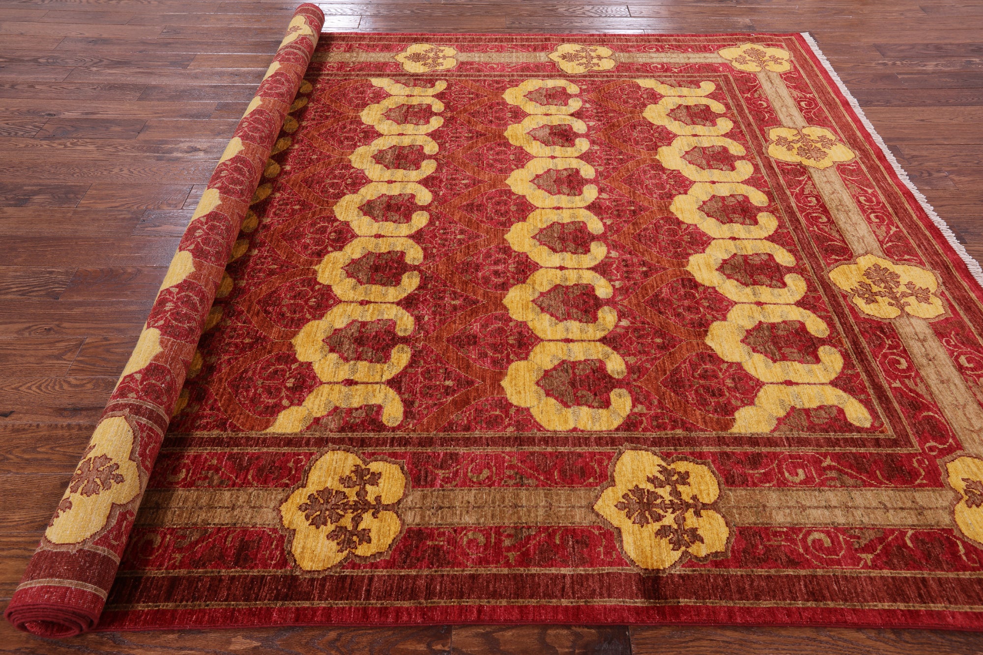 Red William Morris Hand Knotted Wool Area Rug - 8' 1" X 9' 10" - Golden Nile
