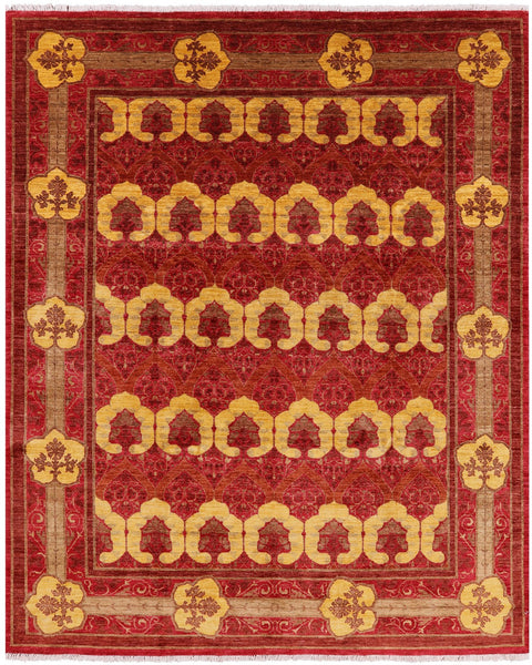 Red William Morris Hand Knotted Wool Area Rug - 8' 1" X 9' 10" - Golden Nile