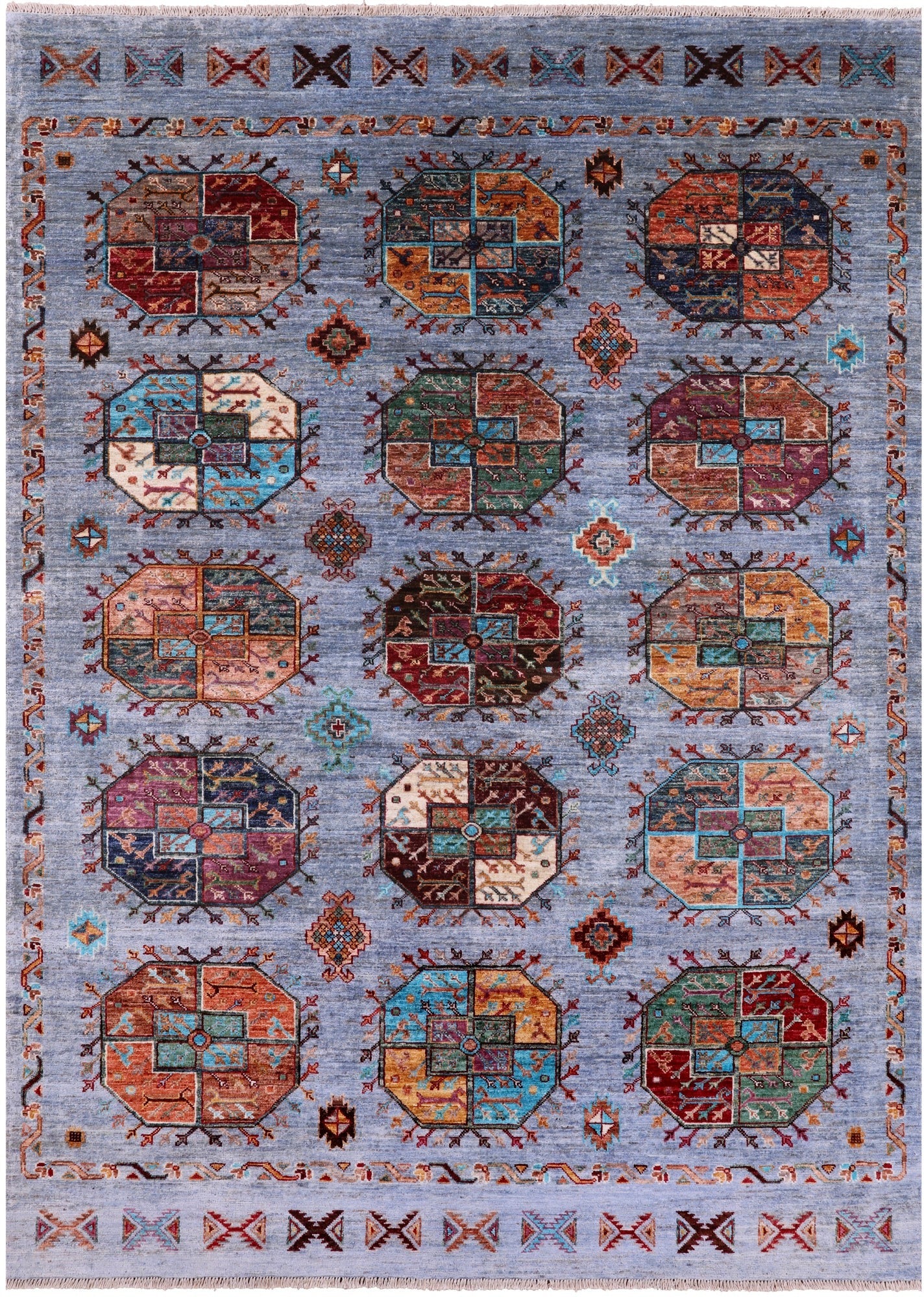 Blue Turkmen Ersari Hand Knotted Wool Rug - 5' 8" X 7' 9" - Golden Nile