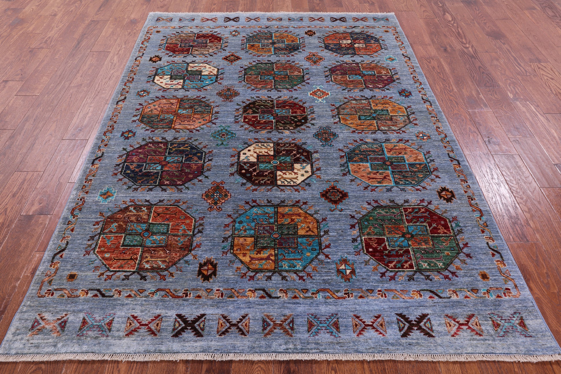Blue Turkmen Ersari Hand Knotted Wool Rug - 5' 8" X 7' 9" - Golden Nile