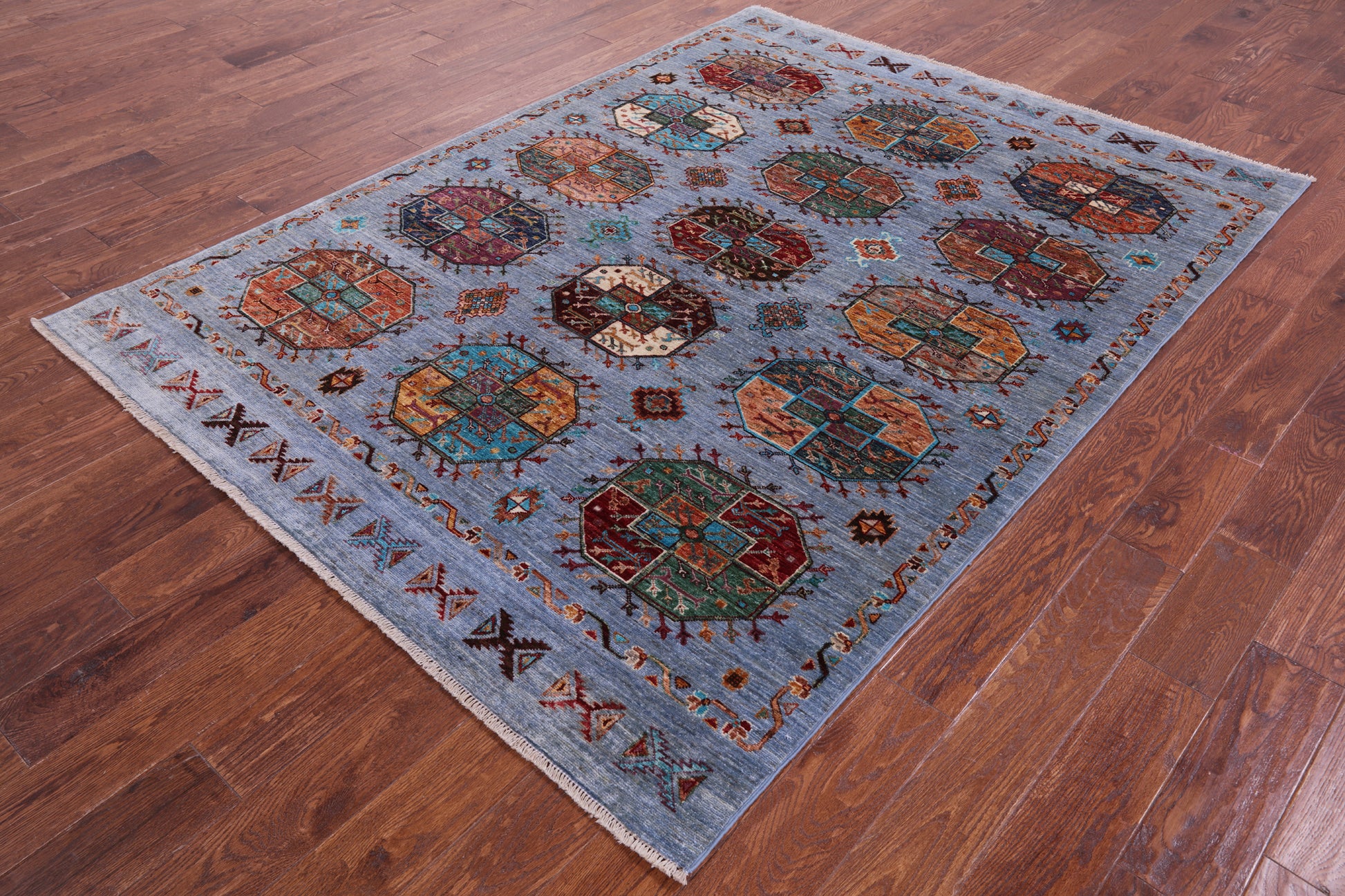 Blue Turkmen Ersari Hand Knotted Wool Rug - 5' 8" X 7' 9" - Golden Nile