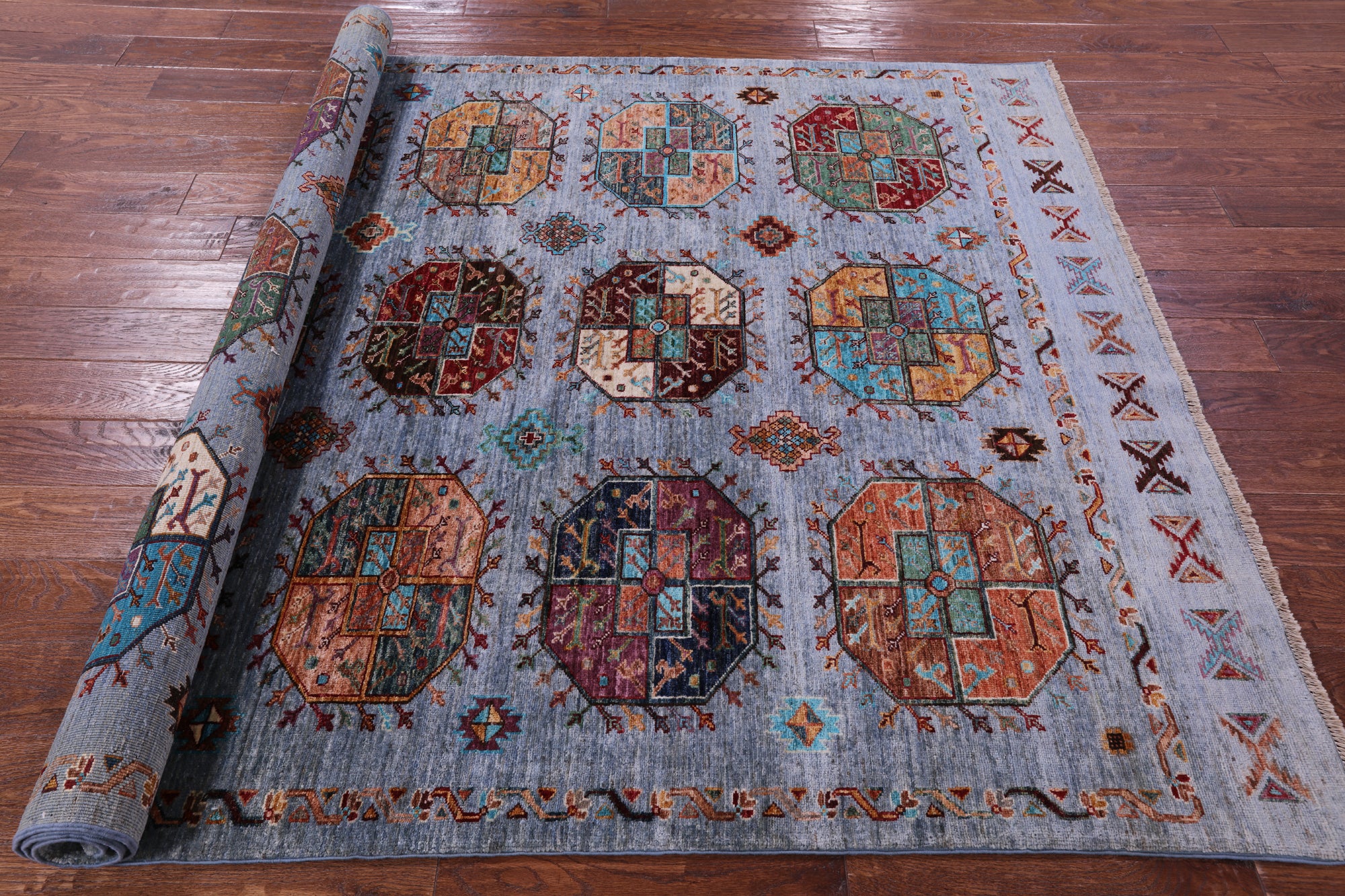 Blue Turkmen Ersari Hand Knotted Wool Rug - 5' 8" X 7' 9" - Golden Nile