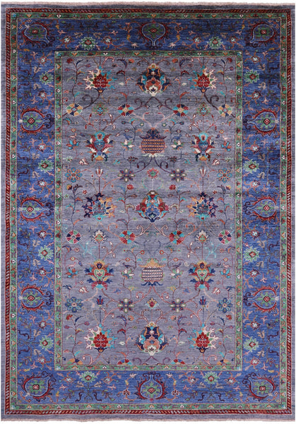 Grey Peshawar Hand Knotted Wool Rug - 6' 7" X 9' 7" - Golden Nile