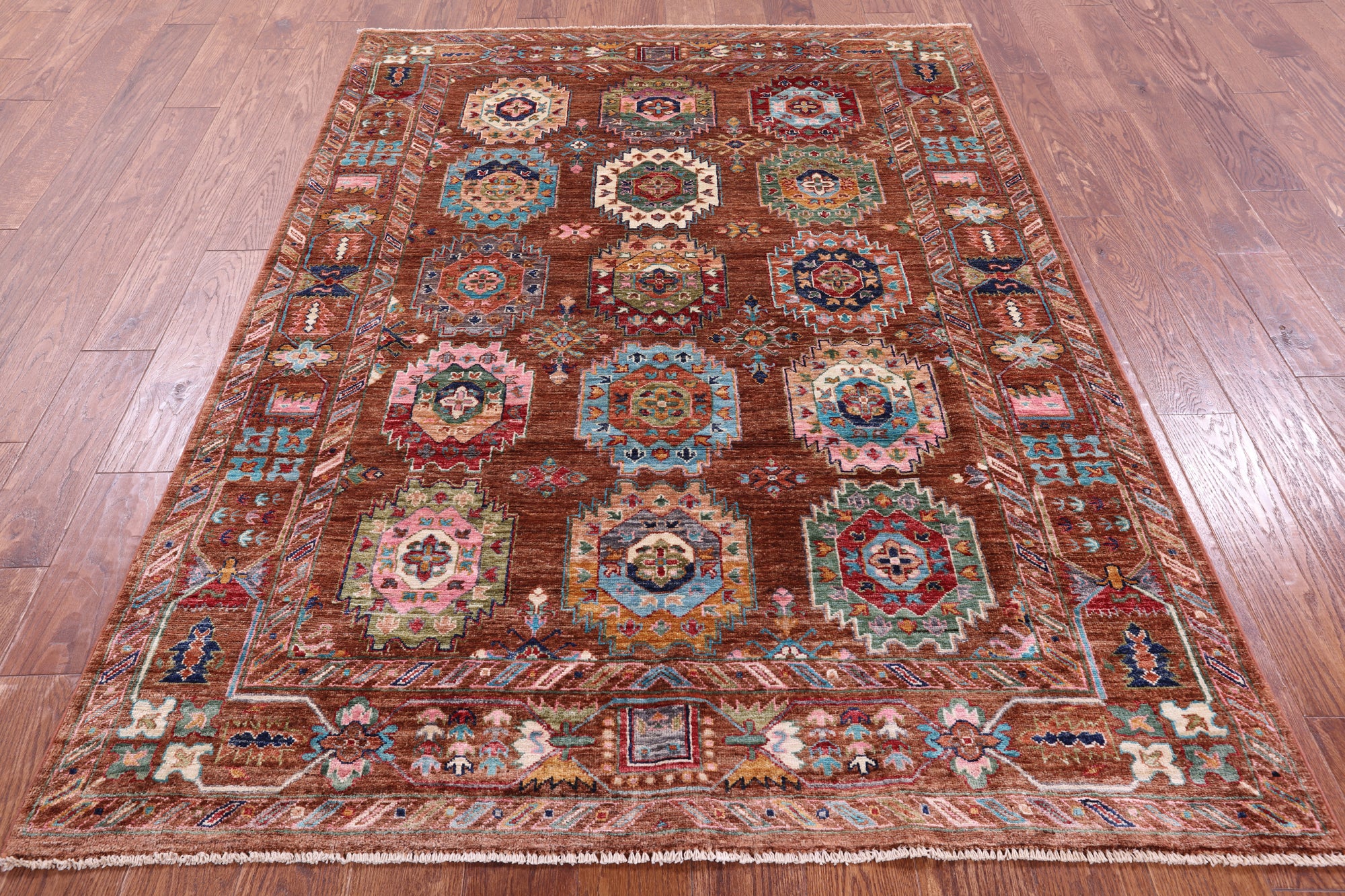 Brown Turkmen Ersari Hand Knotted Wool Rug - 4' 11" X 6' 9" - Golden Nile