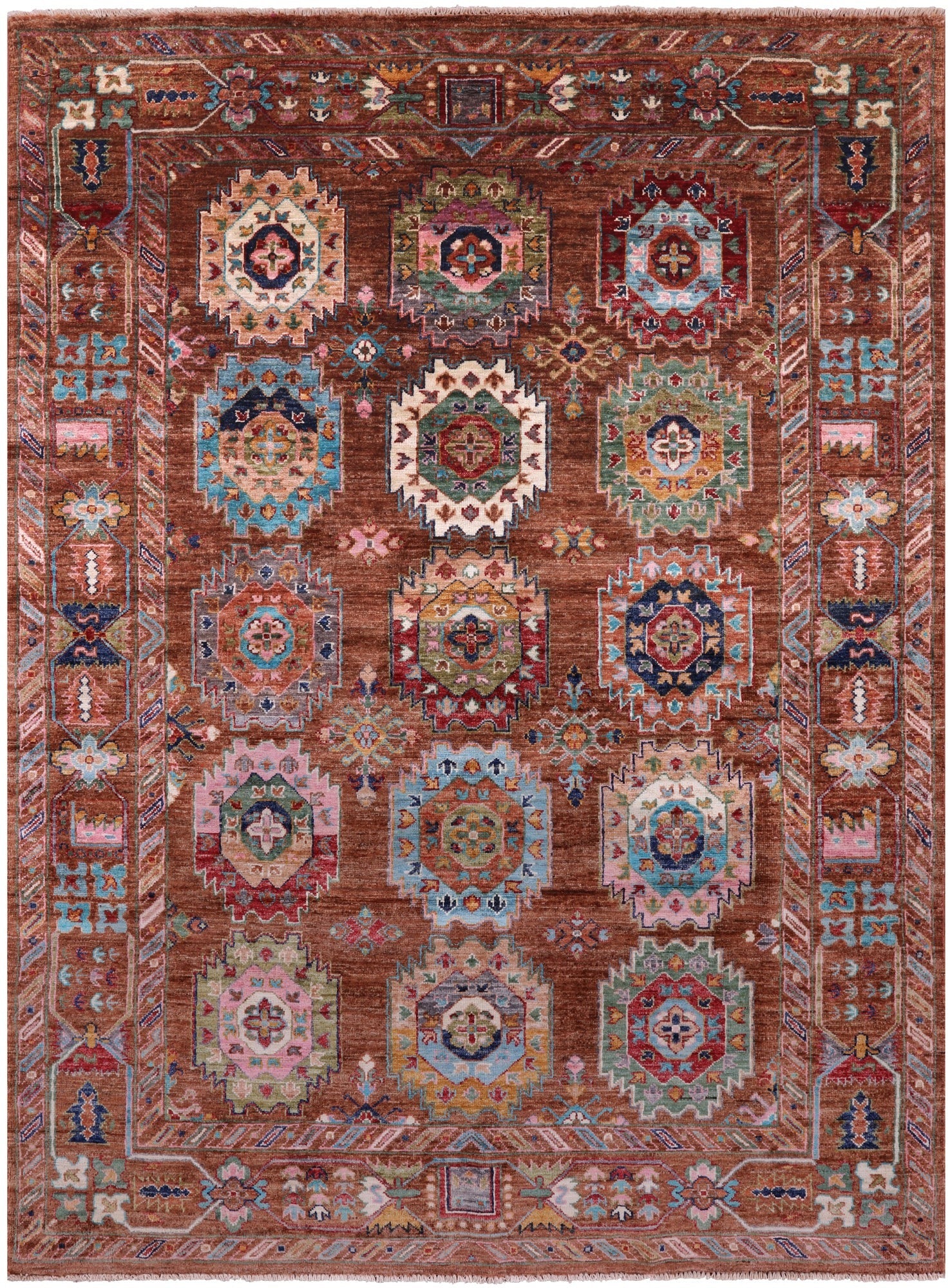 Brown Turkmen Ersari Hand Knotted Wool Rug - 4' 11" X 6' 9" - Golden Nile