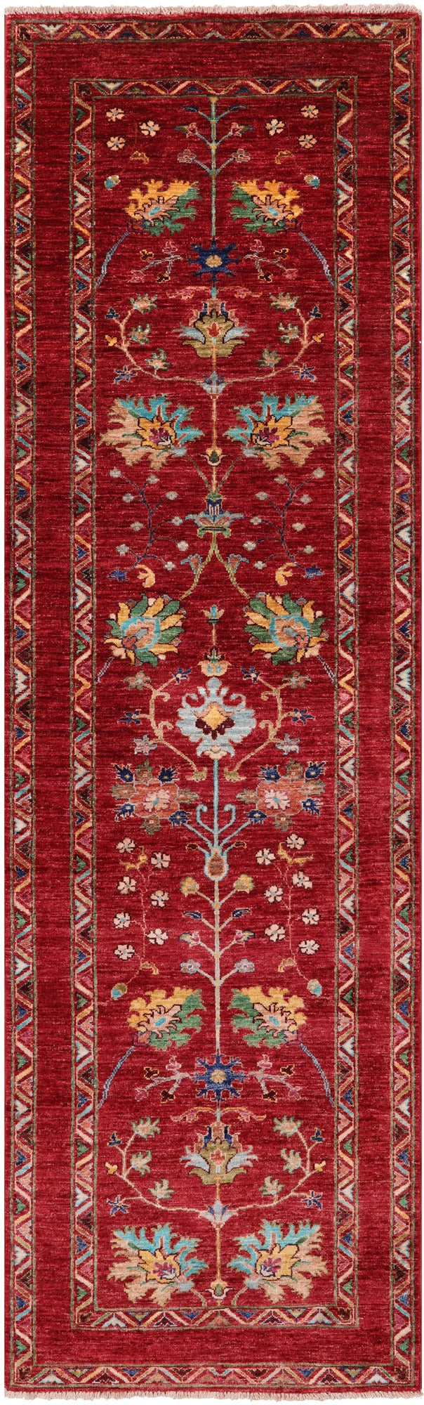 Red Peshawar Hand Knotted Wool Runner Rug - 2' 10" X 9' 6" - Golden Nile
