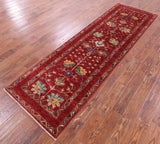 Red Peshawar Hand Knotted Wool Runner Rug - 2' 10" X 9' 6" - Golden Nile