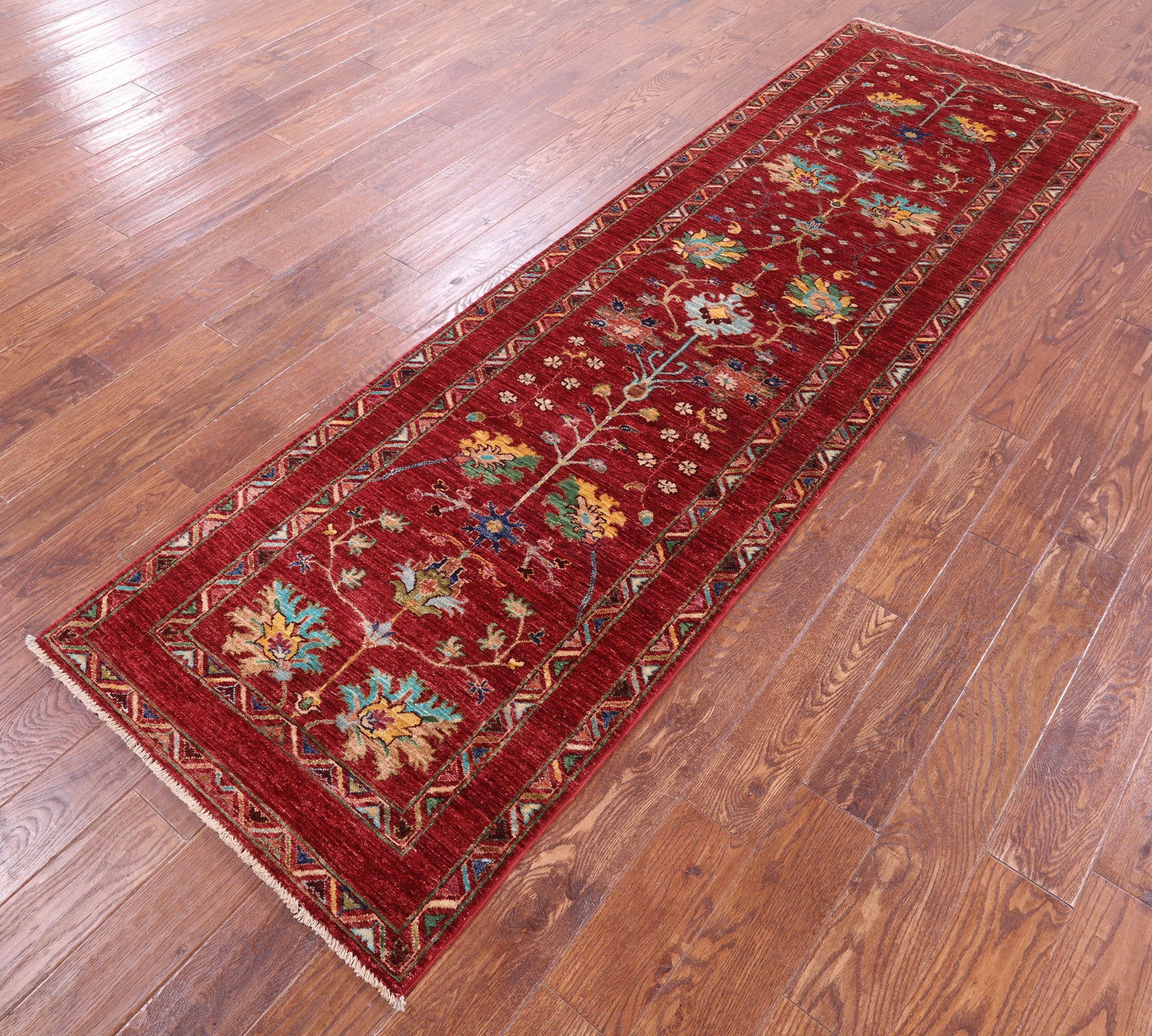 Red Peshawar Hand Knotted Wool Runner Rug - 2' 10" X 9' 6" - Golden Nile