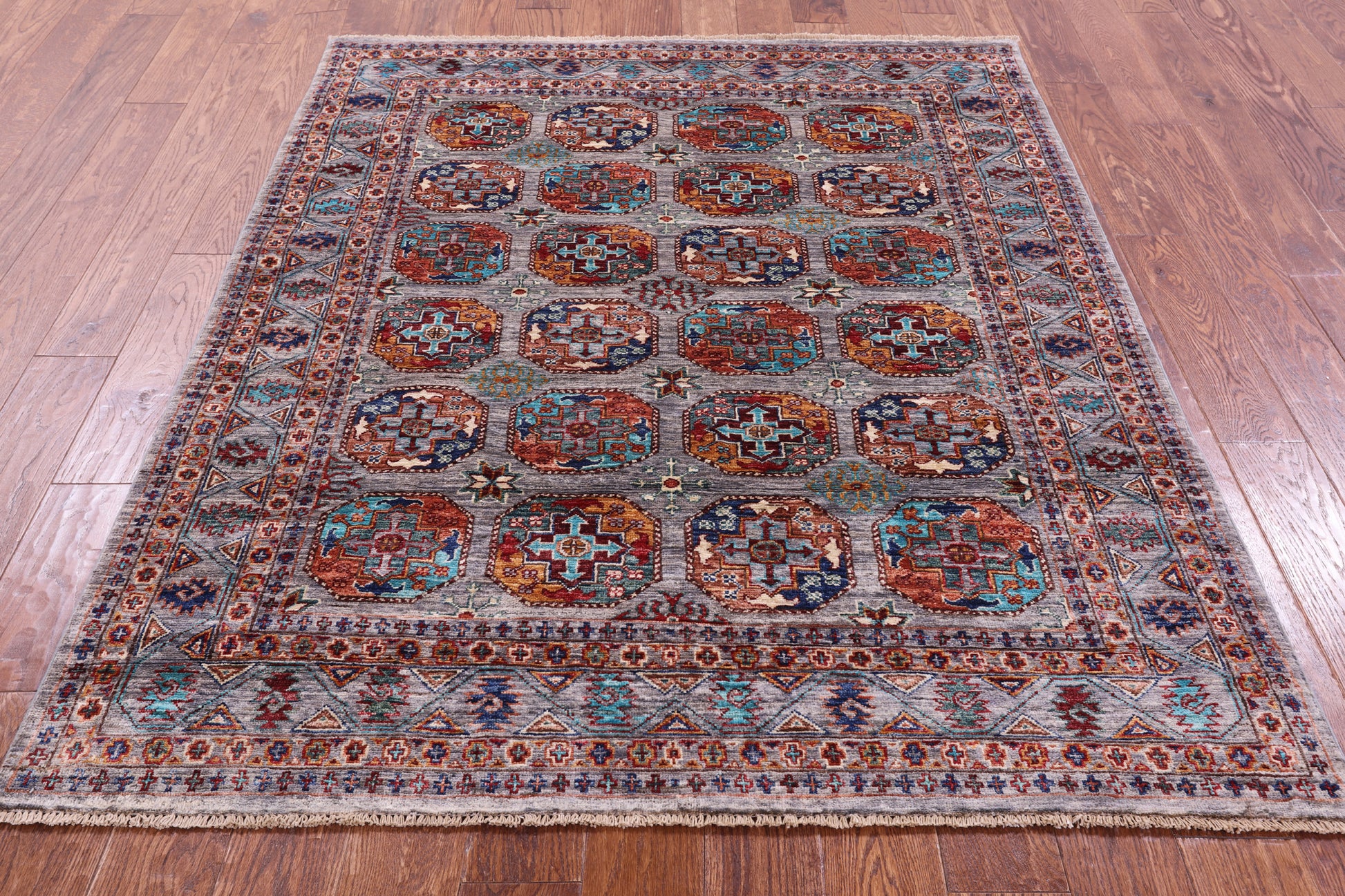 Grey Turkmen Ersari Hand Knotted Wool Rug - 5' 0" X 6' 3" - Golden Nile