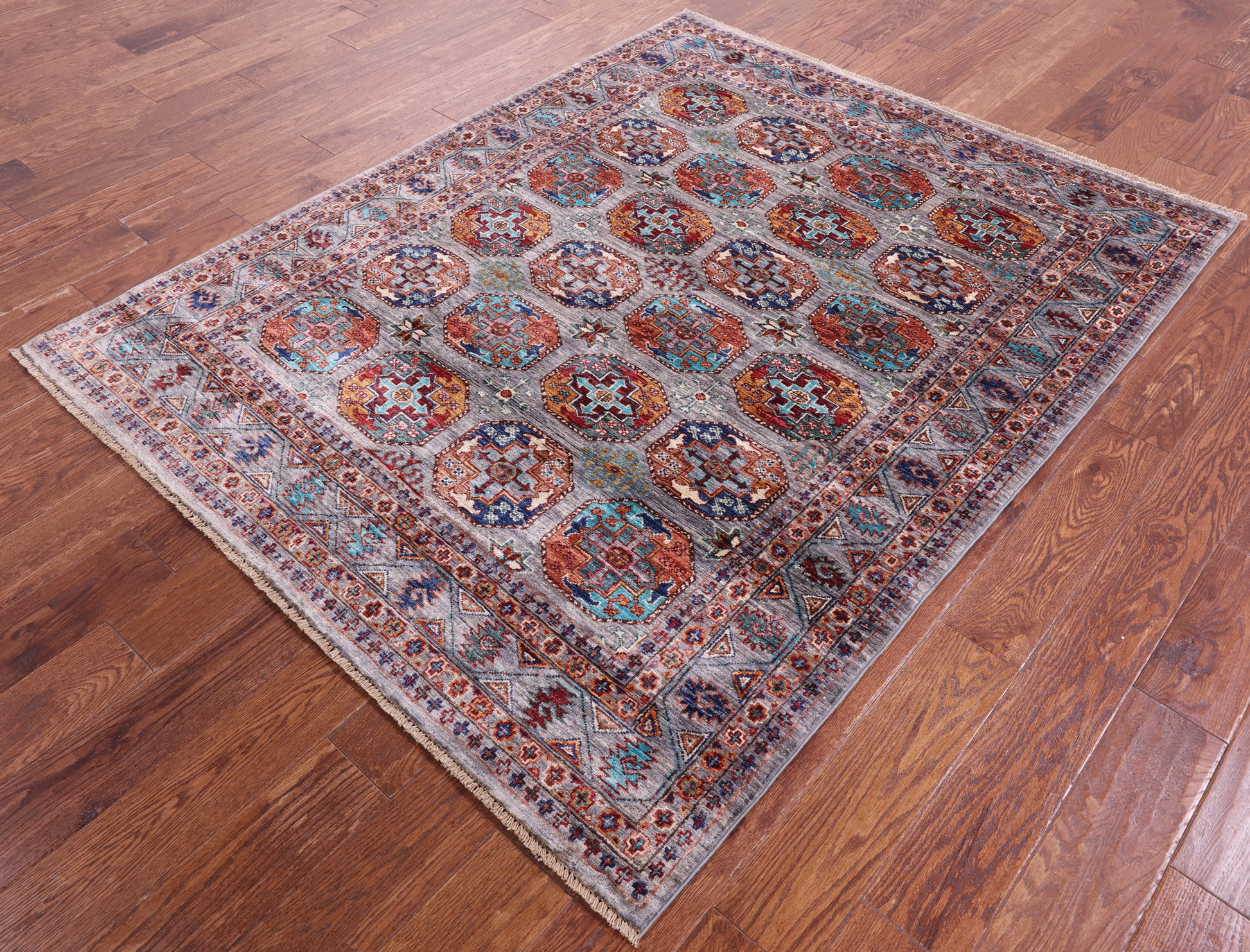 Grey Turkmen Ersari Hand Knotted Wool Rug - 5' 0" X 6' 3" - Golden Nile