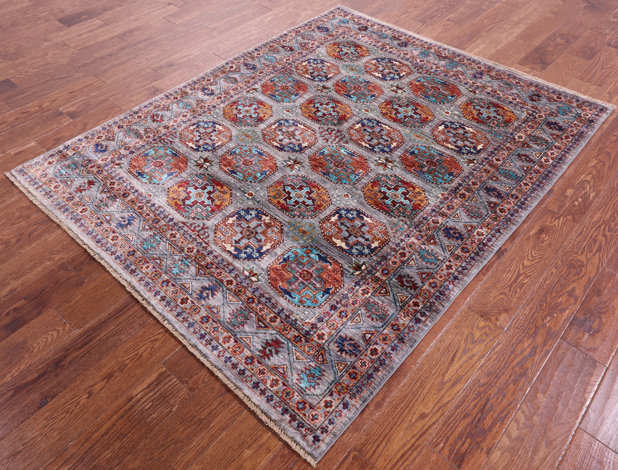 Grey Turkmen Ersari Hand Knotted Wool Rug - 5' 0" X 6' 3" - Golden Nile