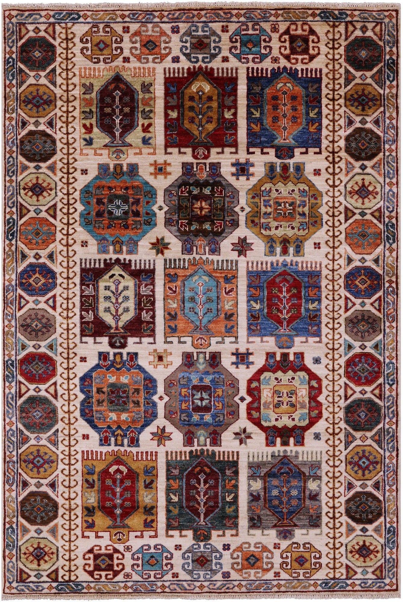 Ivory Turkmen Ersari Hand Knotted Wool Rug - 4' 1" X 6' 1" - Golden Nile