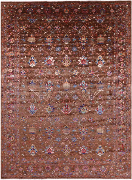 Brown Peshawar Handmade Wool Rug - 9' 0" X 12' 6" - Golden Nile
