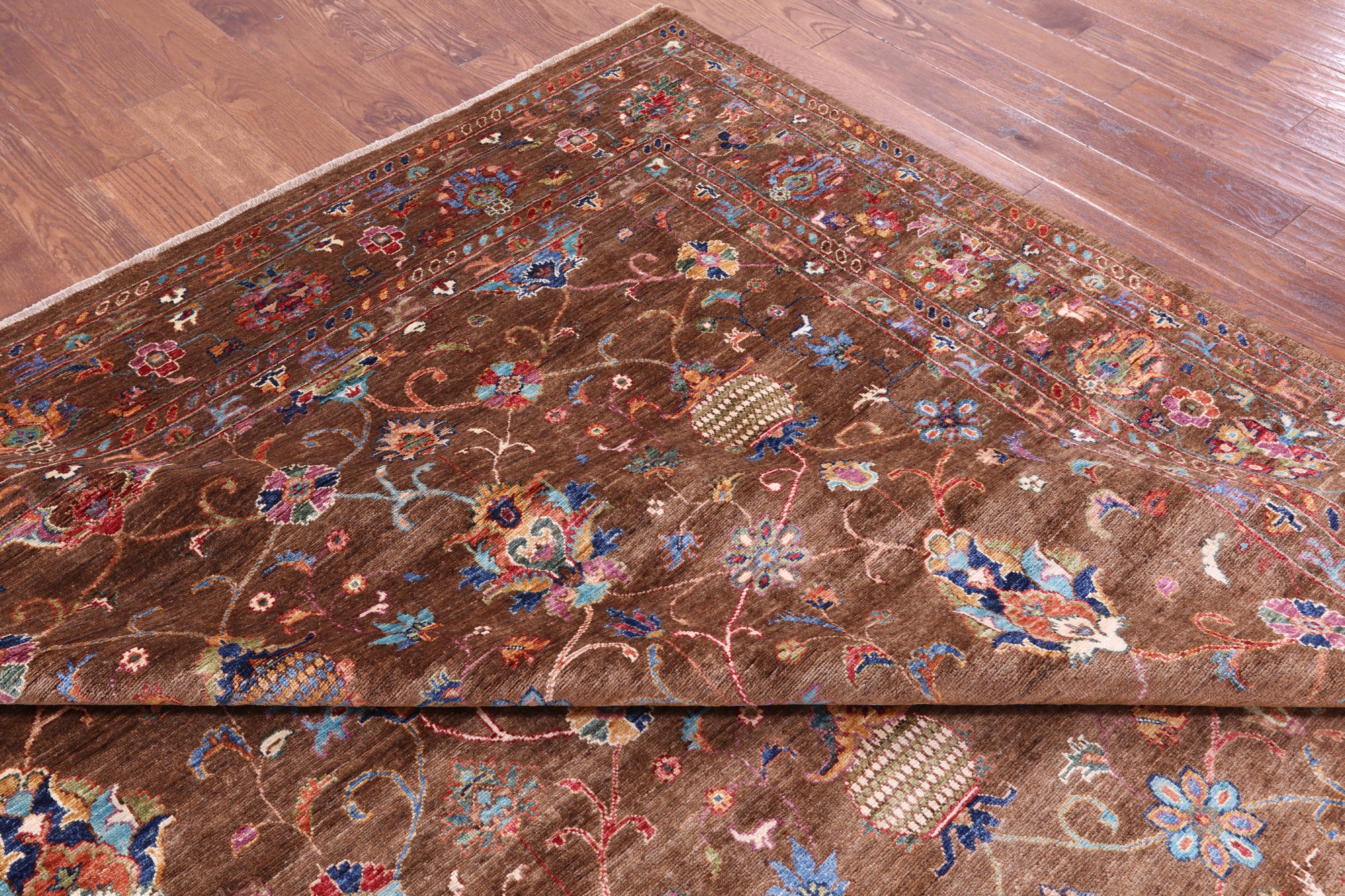 Brown Peshawar Handmade Wool Rug - 9' 0" X 12' 6" - Golden Nile