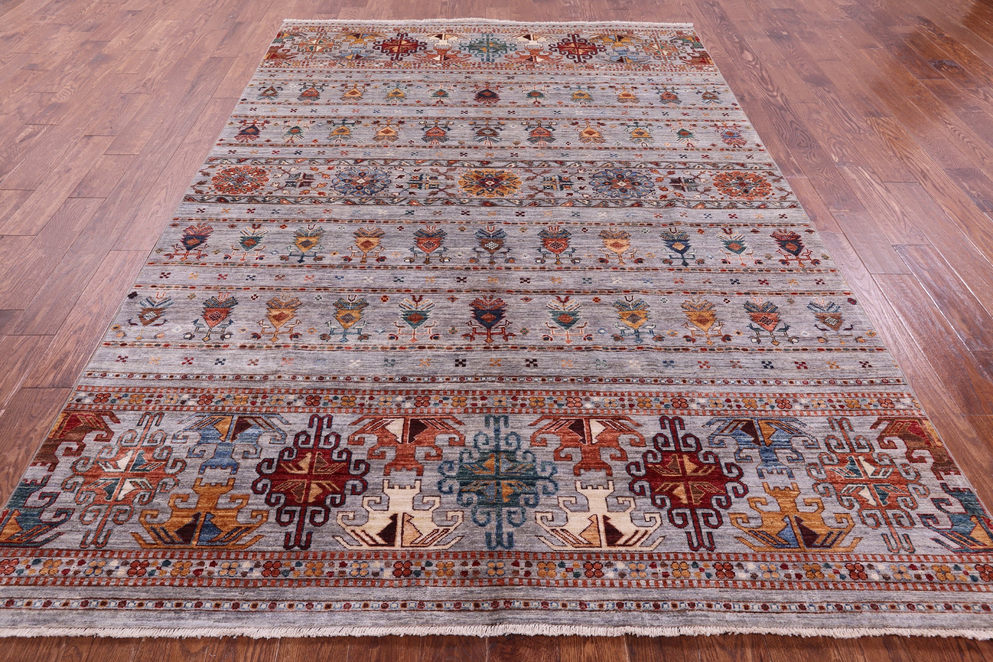 Grey Khorjin Persian Gabbeh Hand Knotted Wool Rug - 6' 9" X 10' 0" - Golden Nile