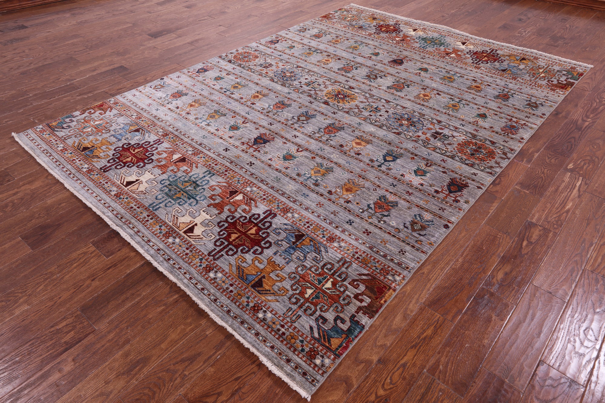 Grey Khorjin Persian Gabbeh Hand Knotted Wool Rug - 6' 9" X 10' 0" - Golden Nile