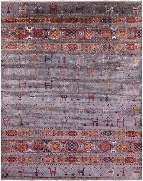 Grey Tribal Persian Gabbeh Hand Knotted Wool Rug - 8' 3" X 10' 5" - Golden Nile