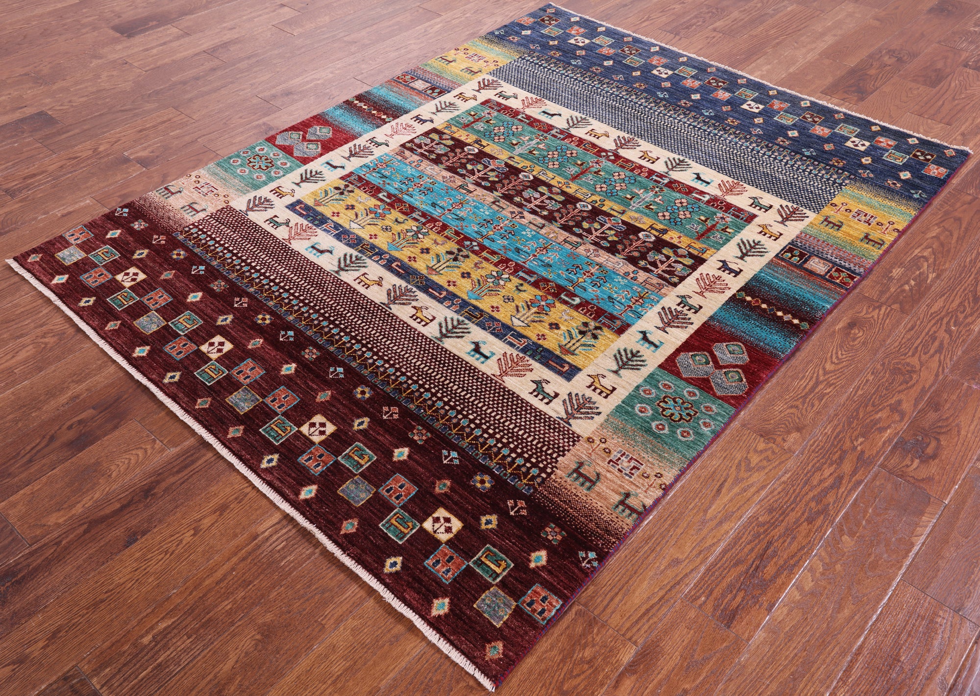 Tribal Persian Gabbeh Hand Knotted Wool Rug - 5' 1" X 6' 9" - Golden Nile