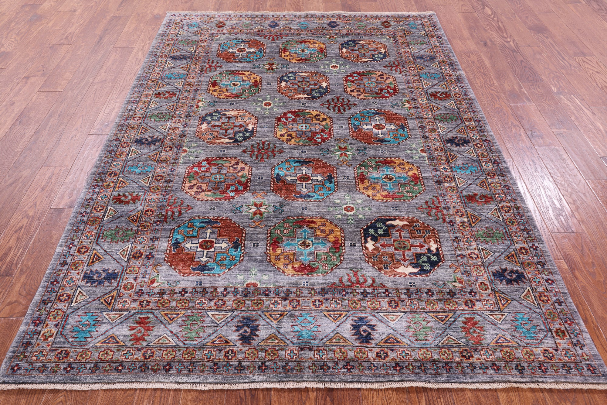Grey Turkmen Ersari Hand Knotted Wool Rug - 5' 10" X 7' 11" - Golden Nile