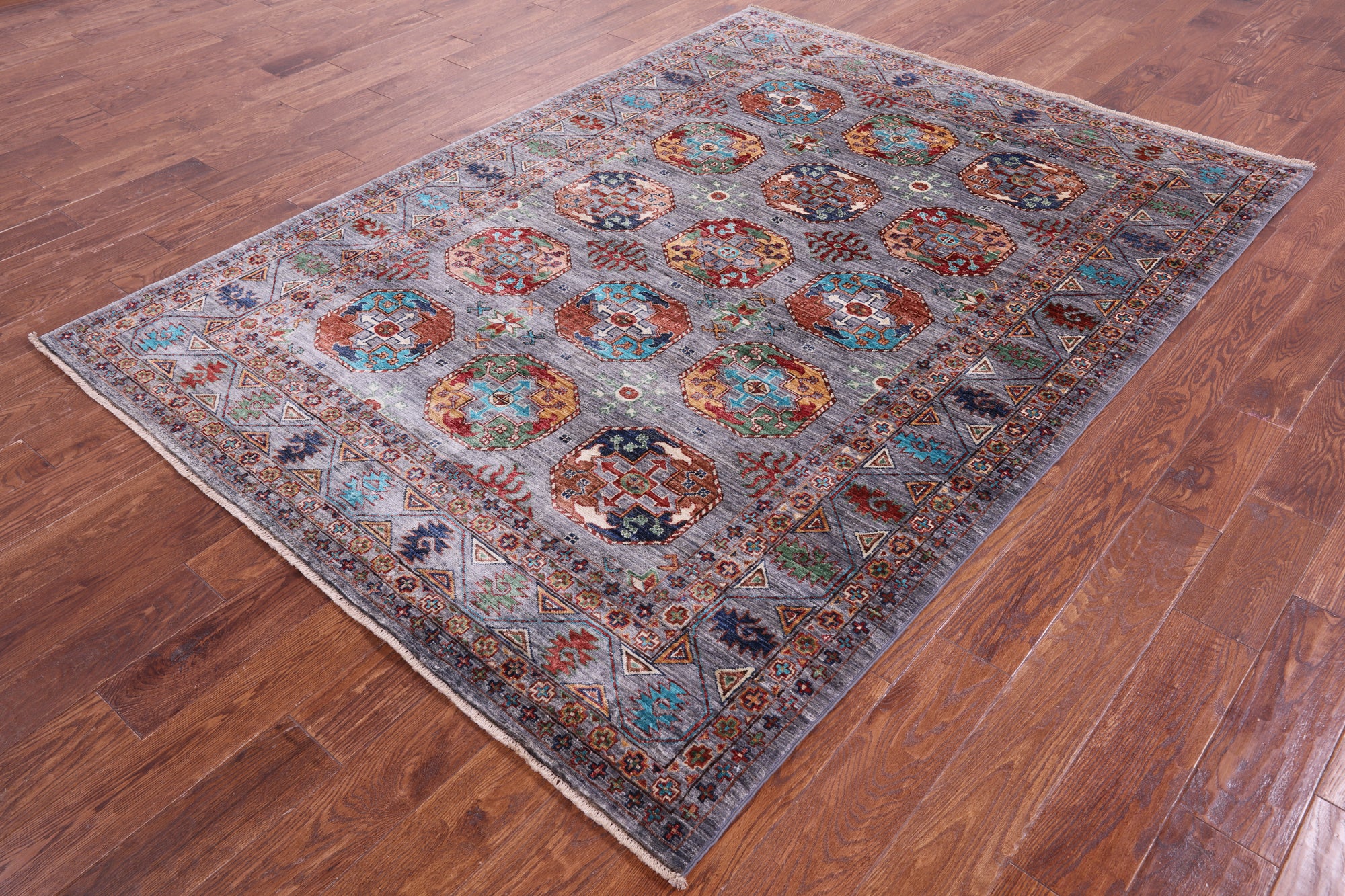 Grey Turkmen Ersari Hand Knotted Wool Rug - 5' 10" X 7' 11" - Golden Nile