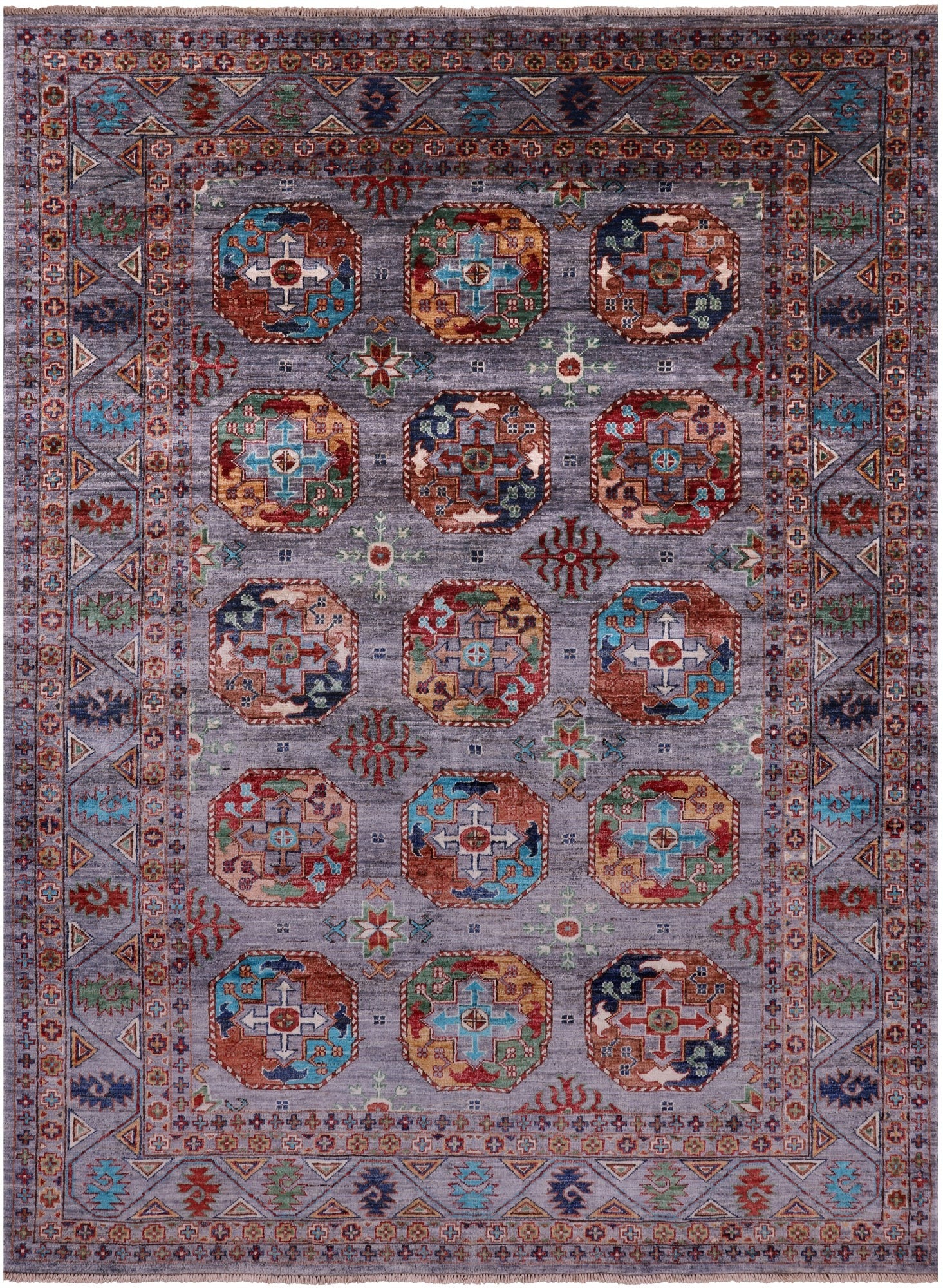 Grey Turkmen Ersari Hand Knotted Wool Rug - 5' 10" X 7' 11" - Golden Nile