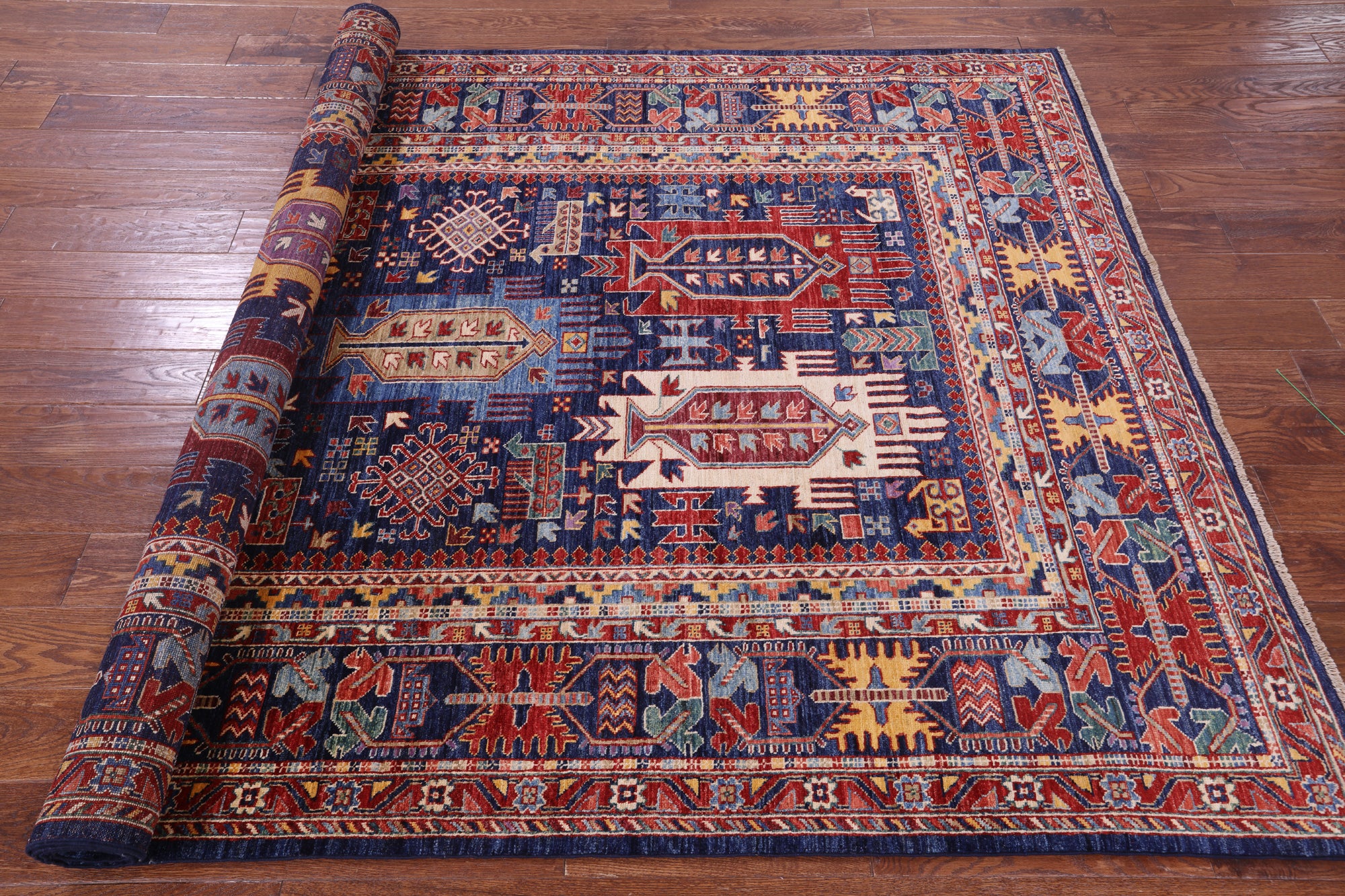 Blue Persian Fine Serapi Handmade Wool Rug - 6' 0" X 8' 10" - Golden Nile