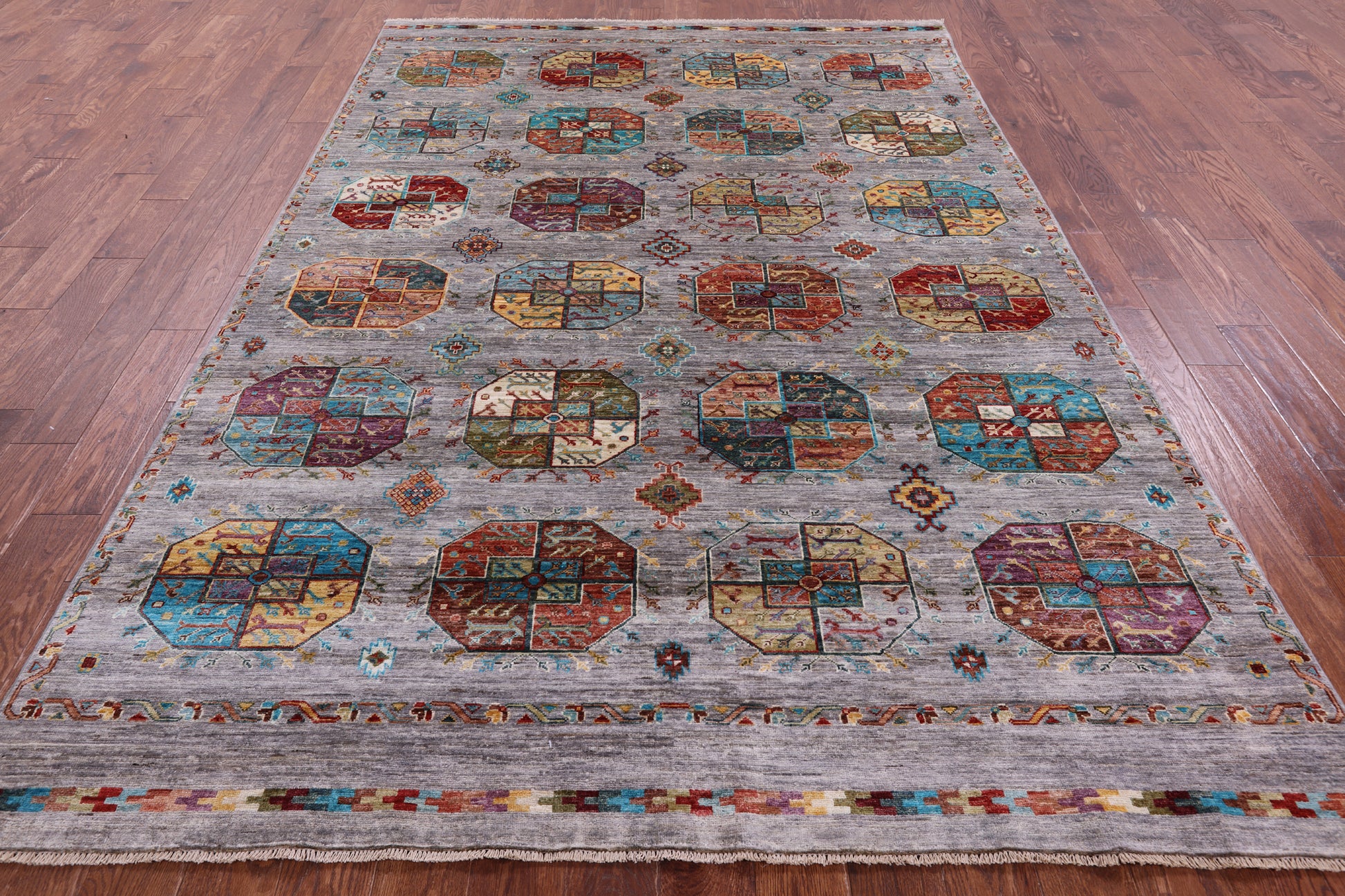 Grey Turkmen Ersari Hand Knotted Wool Rug - 6' 8" X 10' 0" - Golden Nile