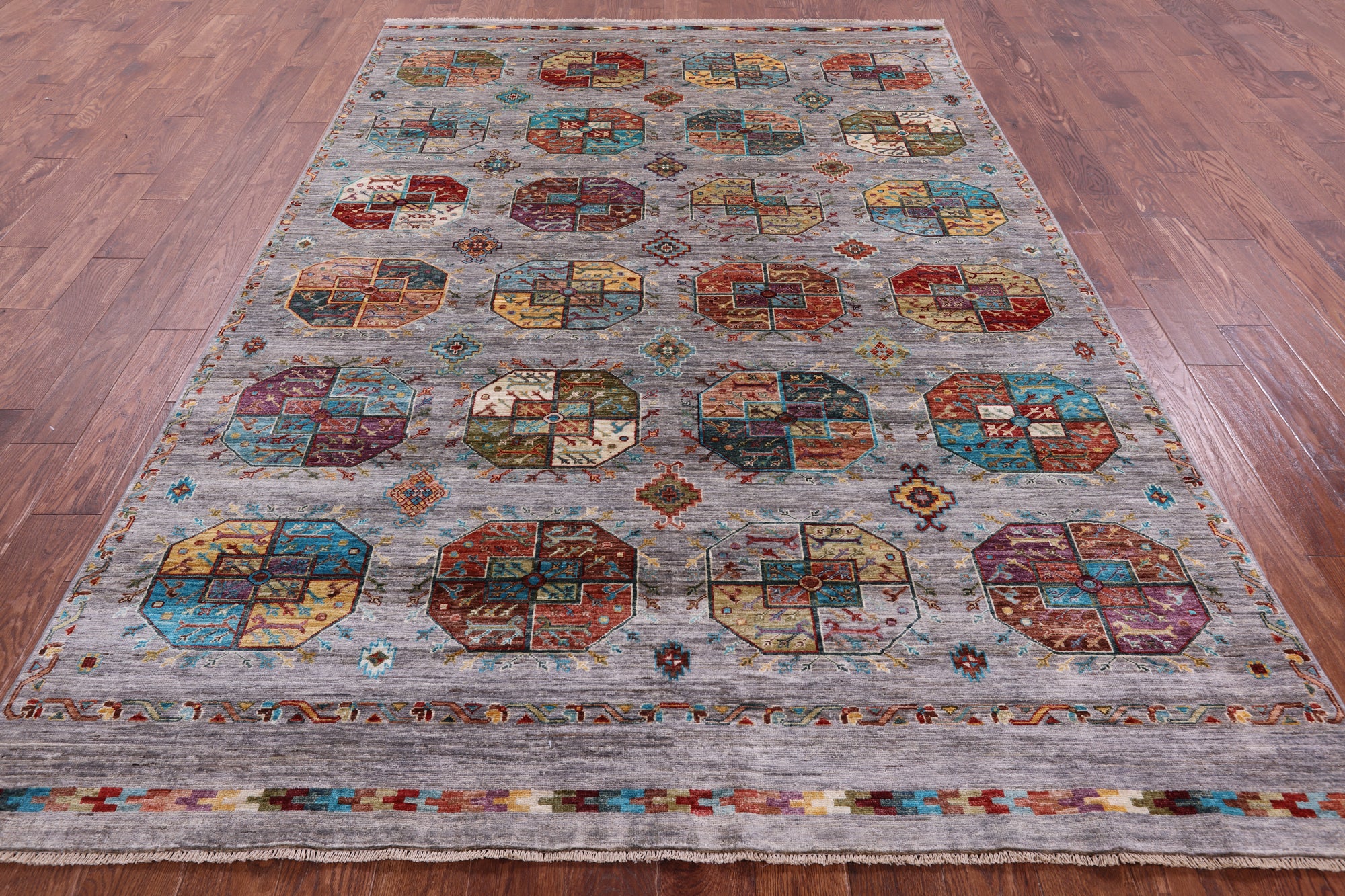 Grey Turkmen Ersari Hand Knotted Wool Rug - 6' 8" X 10' 0" - Golden Nile