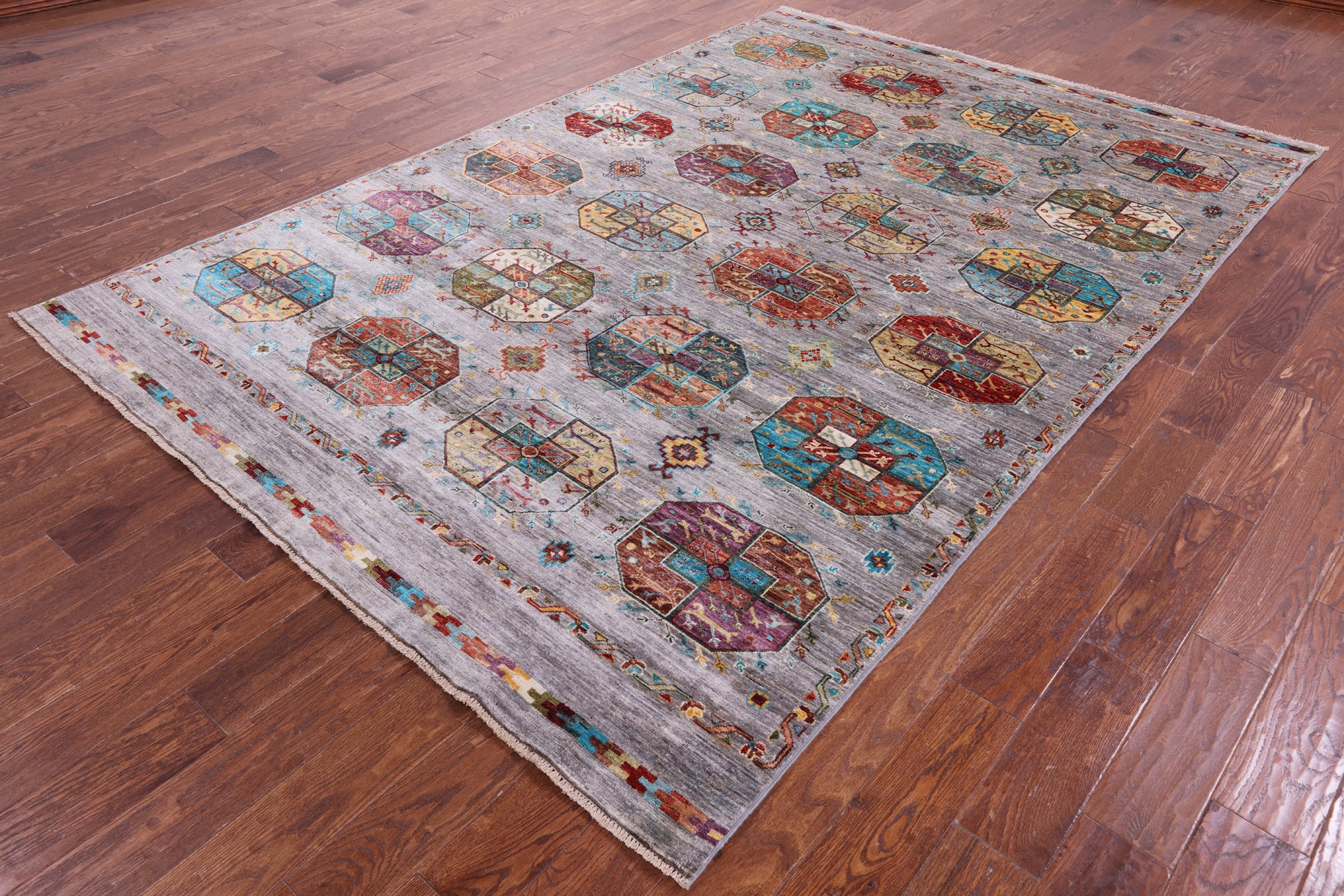 Grey Turkmen Ersari Hand Knotted Wool Rug - 6' 8" X 10' 0" - Golden Nile