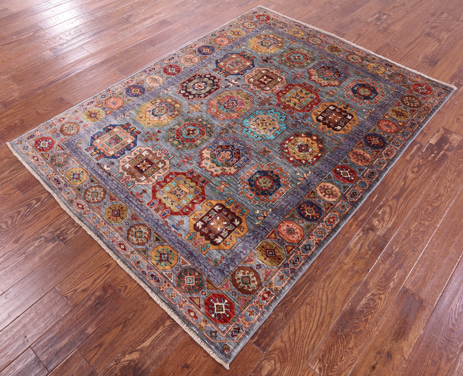 Grey Turkmen Ersari Handmade Wool Rug - 5' 2" X 6' 10" - Golden Nile