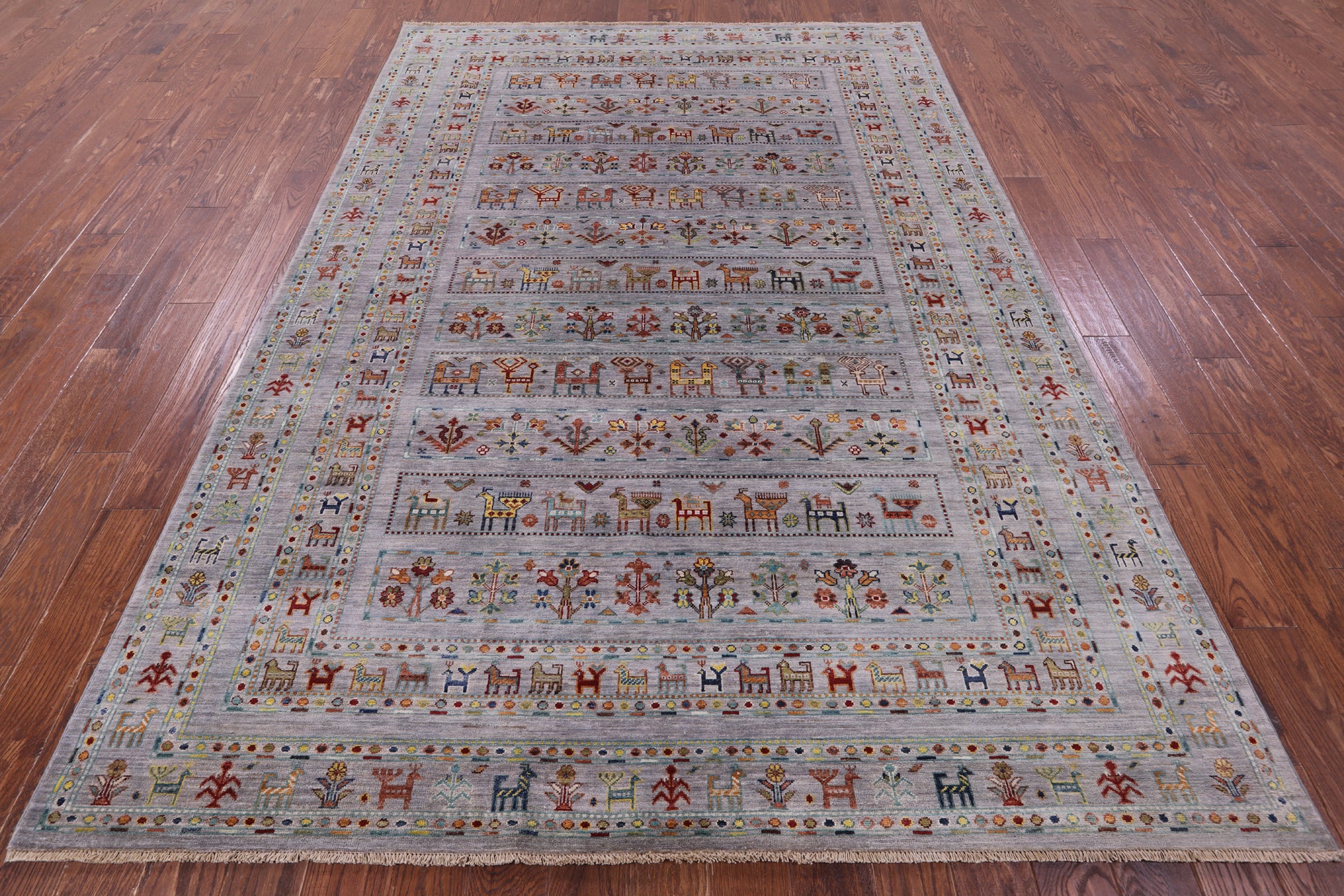 Grey Tribal Persian Gabbeh Hand Knotted Wool Rug - 6' 11" X 10' 0" - Golden Nile